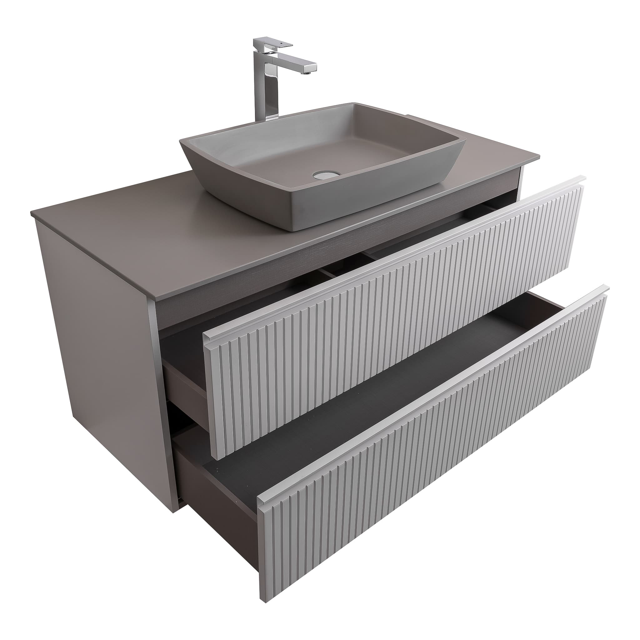 Ares 47.5 White Matte Cabinet, Solid Surface Flat Grey Counter And Square Solid Surface Grey Basin 1316, Wall Mounted Modern Vanity Set