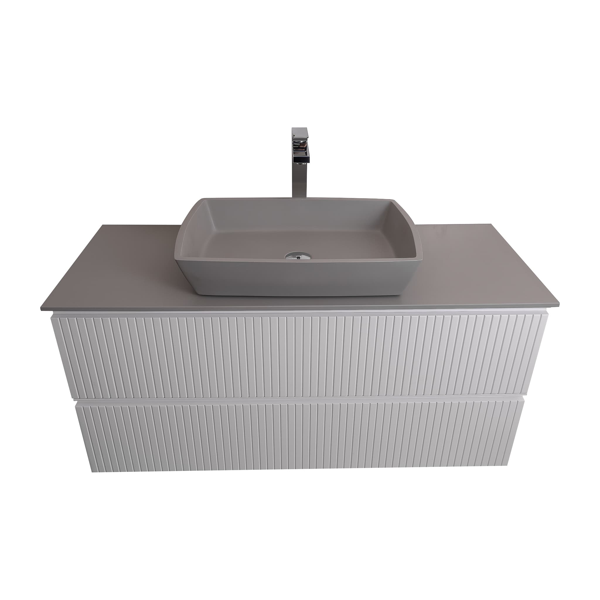 Ares 47.5 White Matte Cabinet, Solid Surface Flat Grey Counter And Square Solid Surface Grey Basin 1316, Wall Mounted Modern Vanity Set