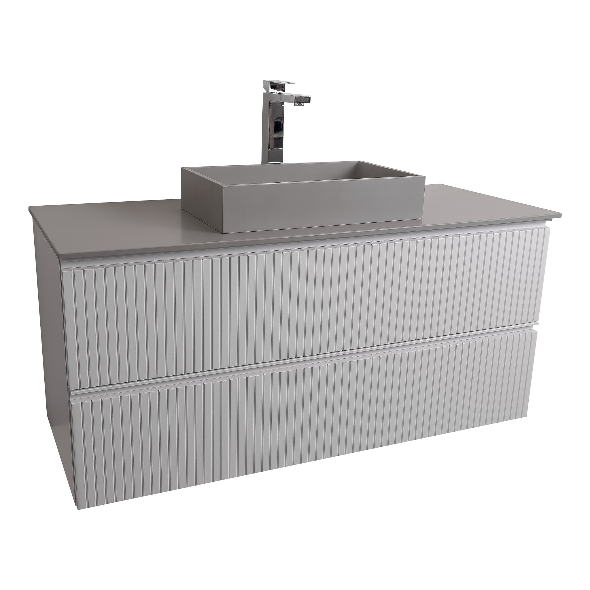 Ares 47.5 Matte White Cabinet, Solid Surface Flat Grey Counter And Infinity Square Solid Surface Grey Basin 1329, Wall Mounted Modern Vanity Set Bath Trends USA