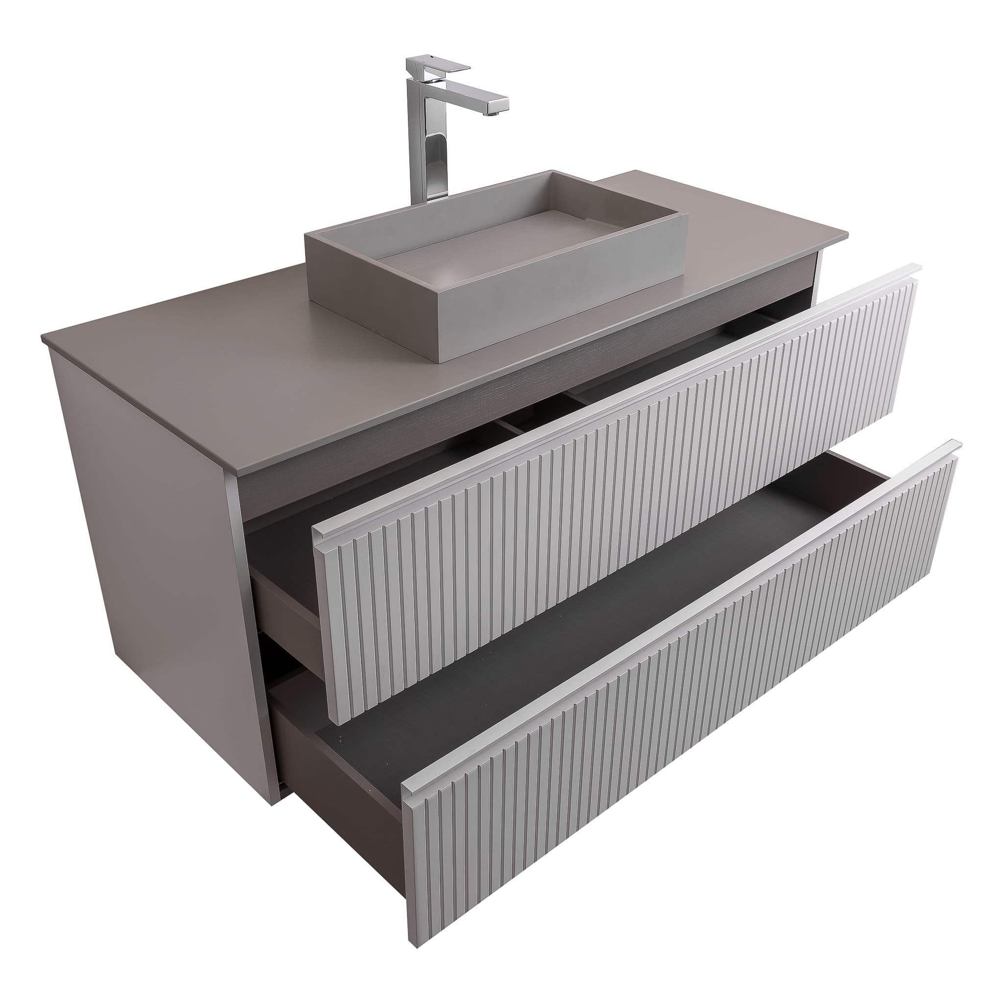 Ares 47.5 Matte White Cabinet, Solid Surface Flat Grey Counter And Infinity Square Solid Surface Grey Basin 1329, Wall Mounted Modern Vanity Set