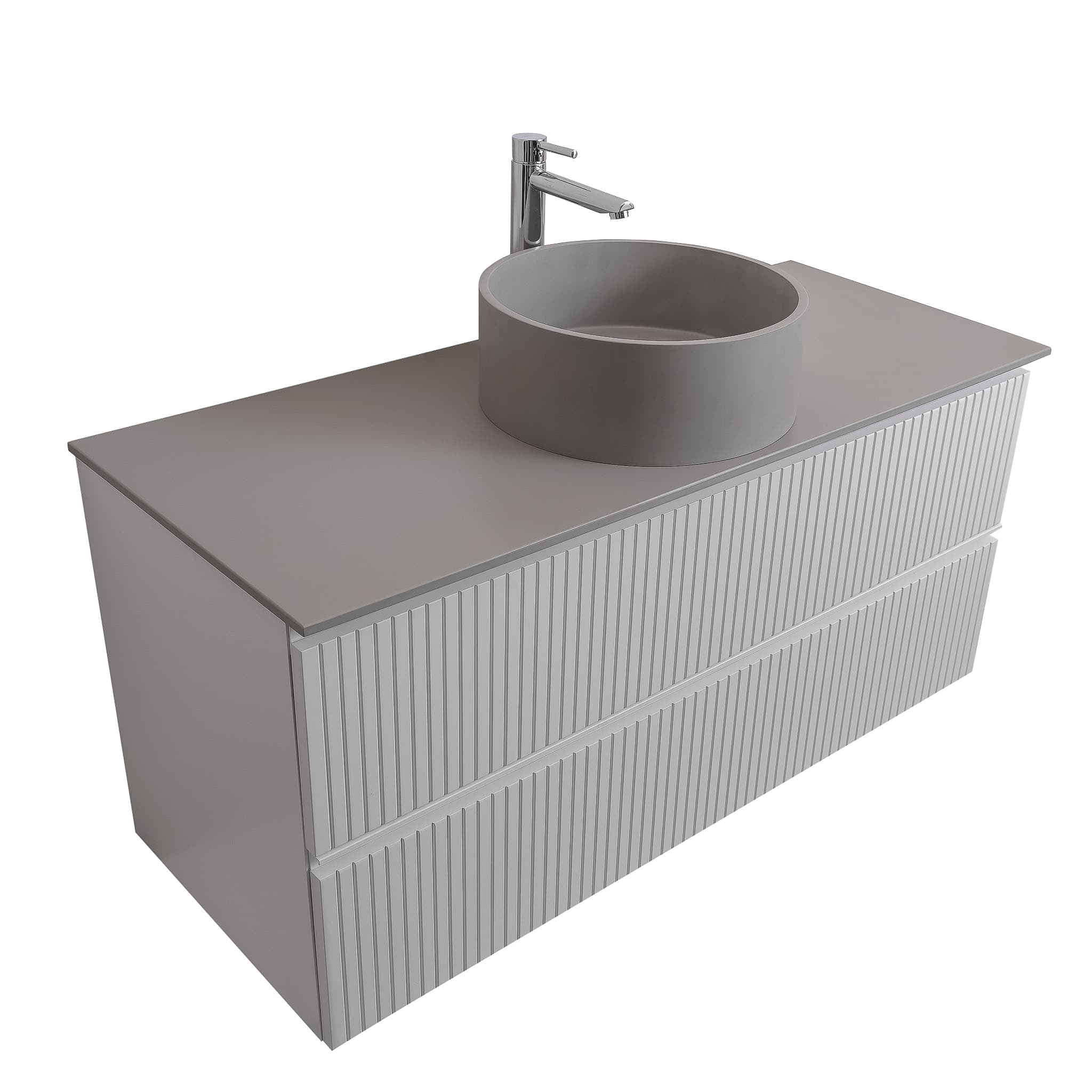 Ares 47.5 Matte White Cabinet, Solid Surface Flat Grey Counter And Round Solid Surface Grey Basin 1386, Wall Mounted Modern Vanity Set Bath Trends USA