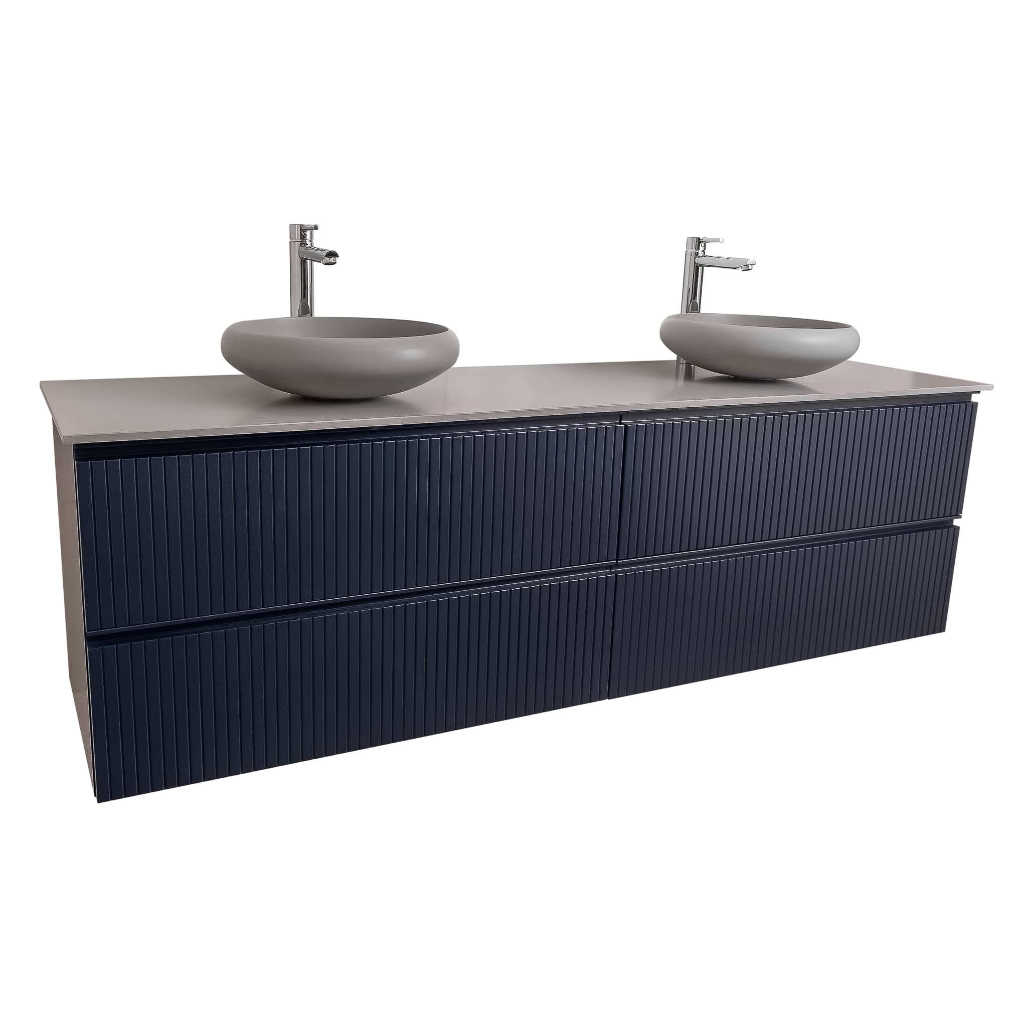 Ares 63 Matte Navy Blue Cabinet, Solid Surface Flat Grey Counter And Two Round Solid Surface Grey Basin 1153, Wall Mounted Modern Vanity Set