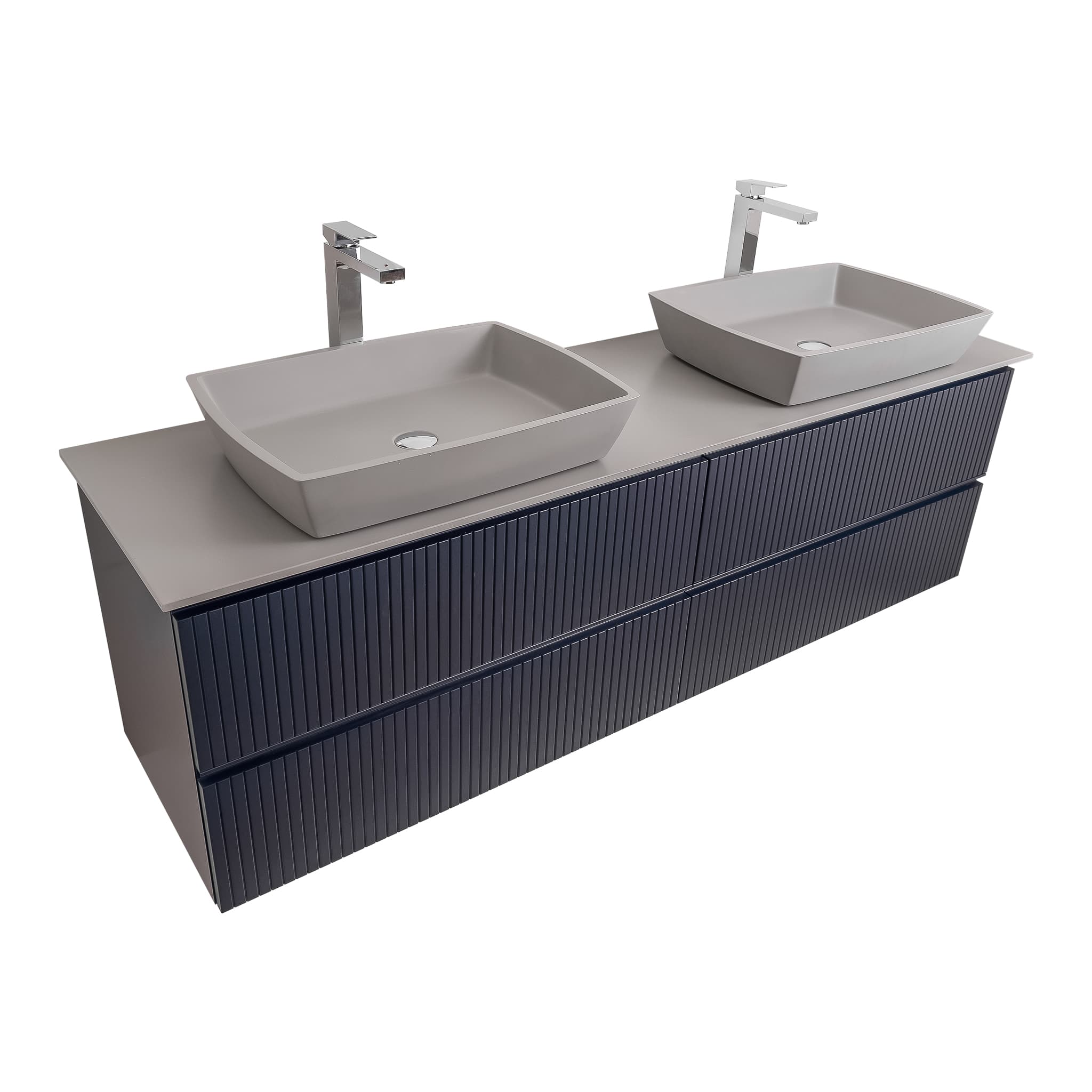 Ares 63 Matte Navy Blue Cabinet, Solid Surface Flat Grey Counter And Two Square Solid Surface Grey Basin 1316, Wall Mounted Modern Vanity Set