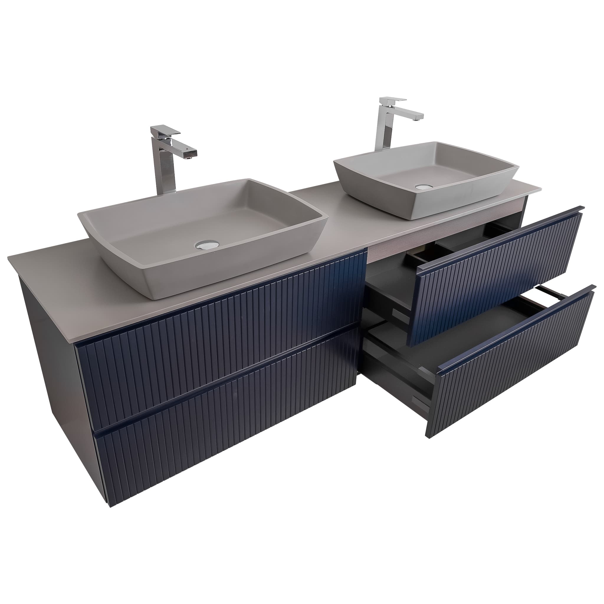 Ares 63 Matte Navy Blue Cabinet, Solid Surface Flat Grey Counter And Two Square Solid Surface Grey Basin 1316, Wall Mounted Modern Vanity Set