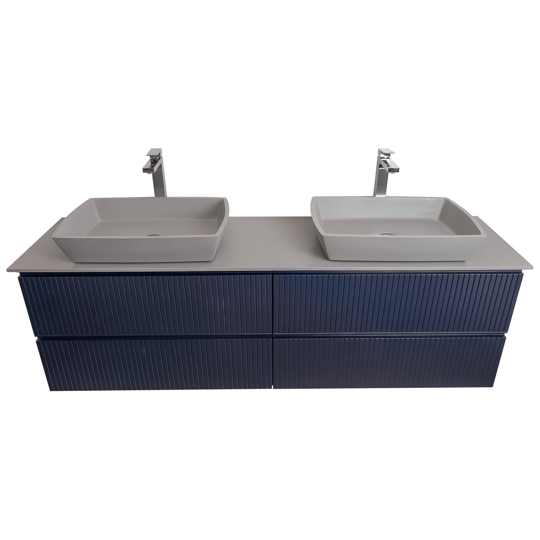 Ares 63 Matte Navy Blue Cabinet, Solid Surface Flat Grey Counter And Two Square Solid Surface Grey Basin 1316, Wall Mounted Modern Vanity Set