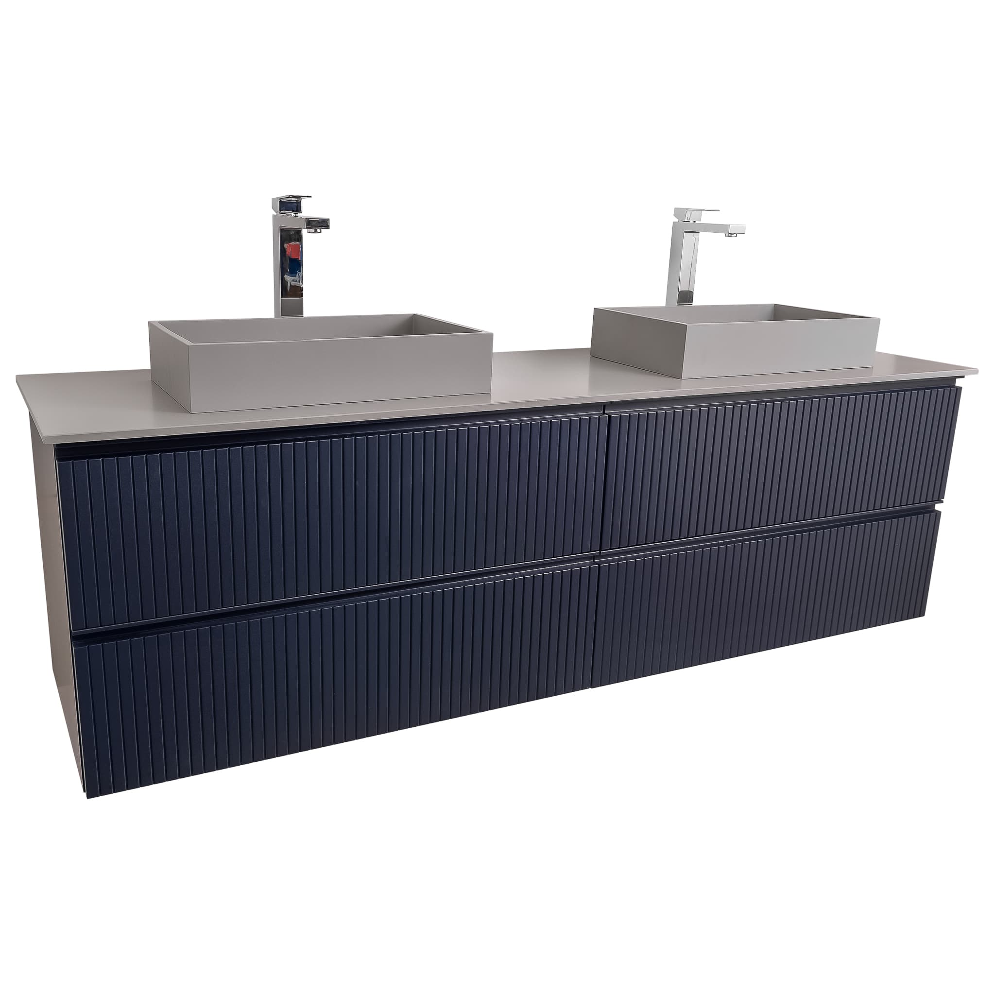 Ares 63 Matte Navy Blue Cabinet, Solid Surface Flat Grey Counter And Two Infinity Square Solid Surface Grey Basin 1329, Wall Mounted Modern Vanity Set
