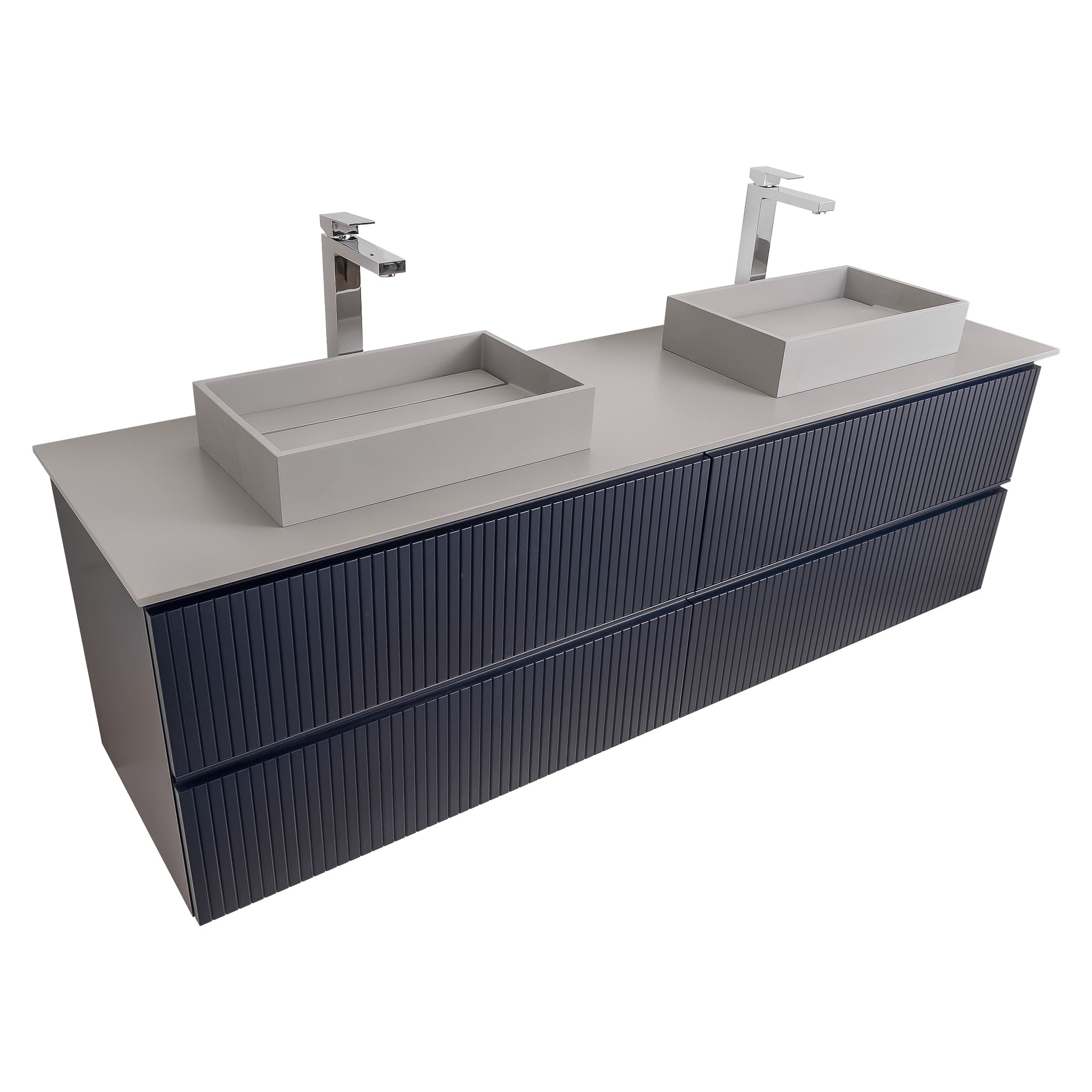 Ares 63 Matte Navy Blue Cabinet, Solid Surface Flat Grey Counter And Two Infinity Square Solid Surface Grey Basin 1329, Wall Mounted Modern Vanity Set