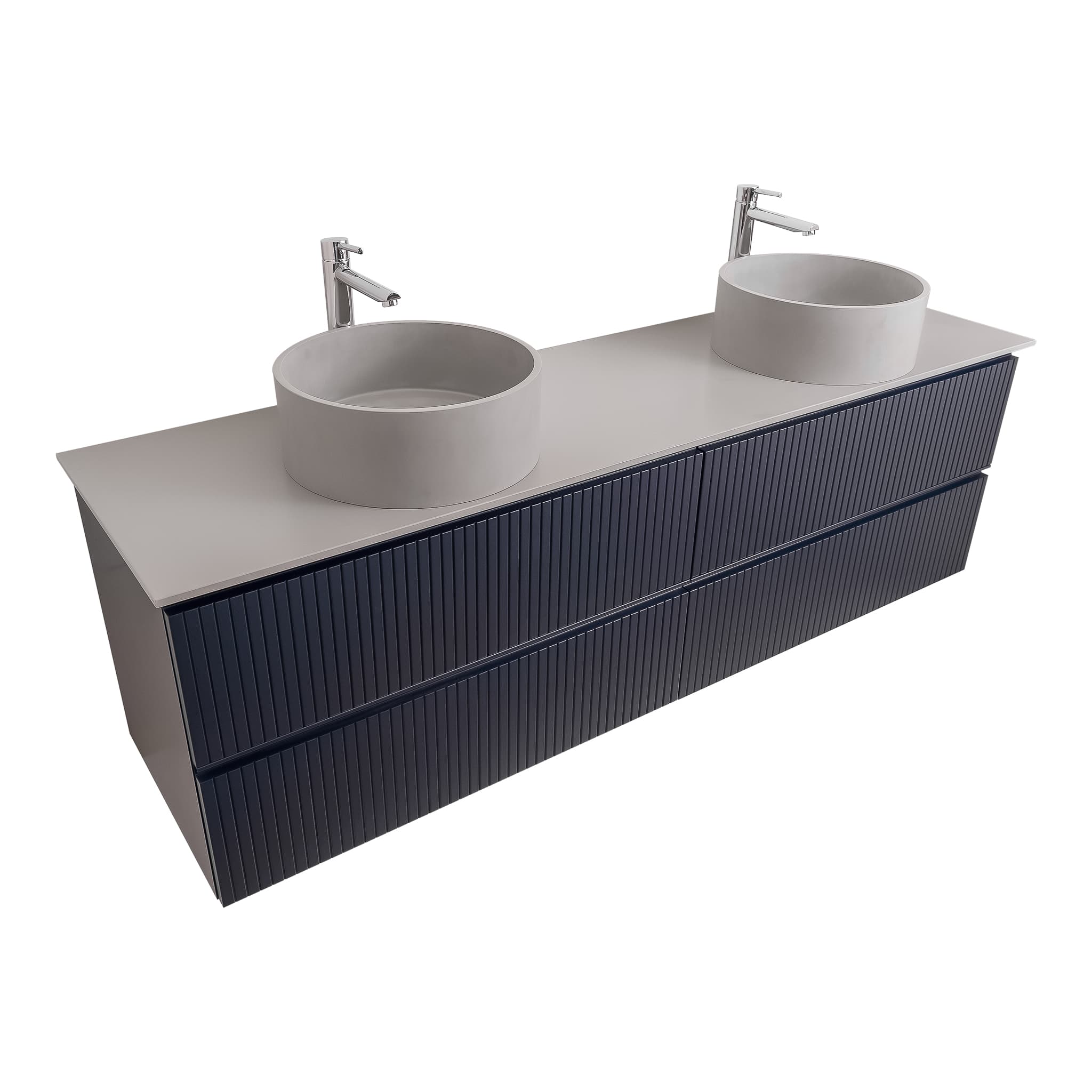 Ares 63 Matte Navy Blue Cabinet, Solid Surface Flat Grey Counter And Two Round Solid Surface Grey Basin 1386, Wall Mounted Modern Vanity Set