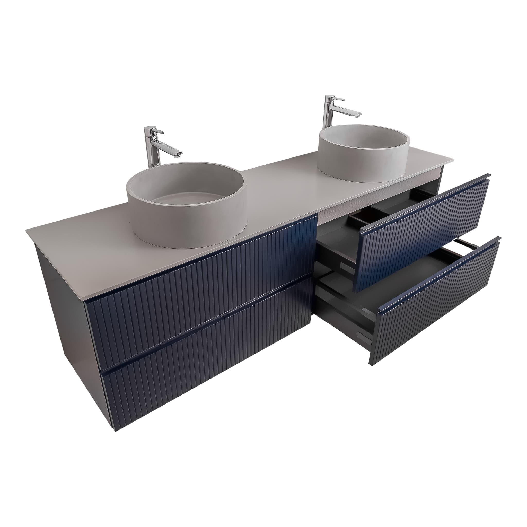 Ares 63 Matte Navy Blue Cabinet, Solid Surface Flat Grey Counter And Two Round Solid Surface Grey Basin 1386, Wall Mounted Modern Vanity Set