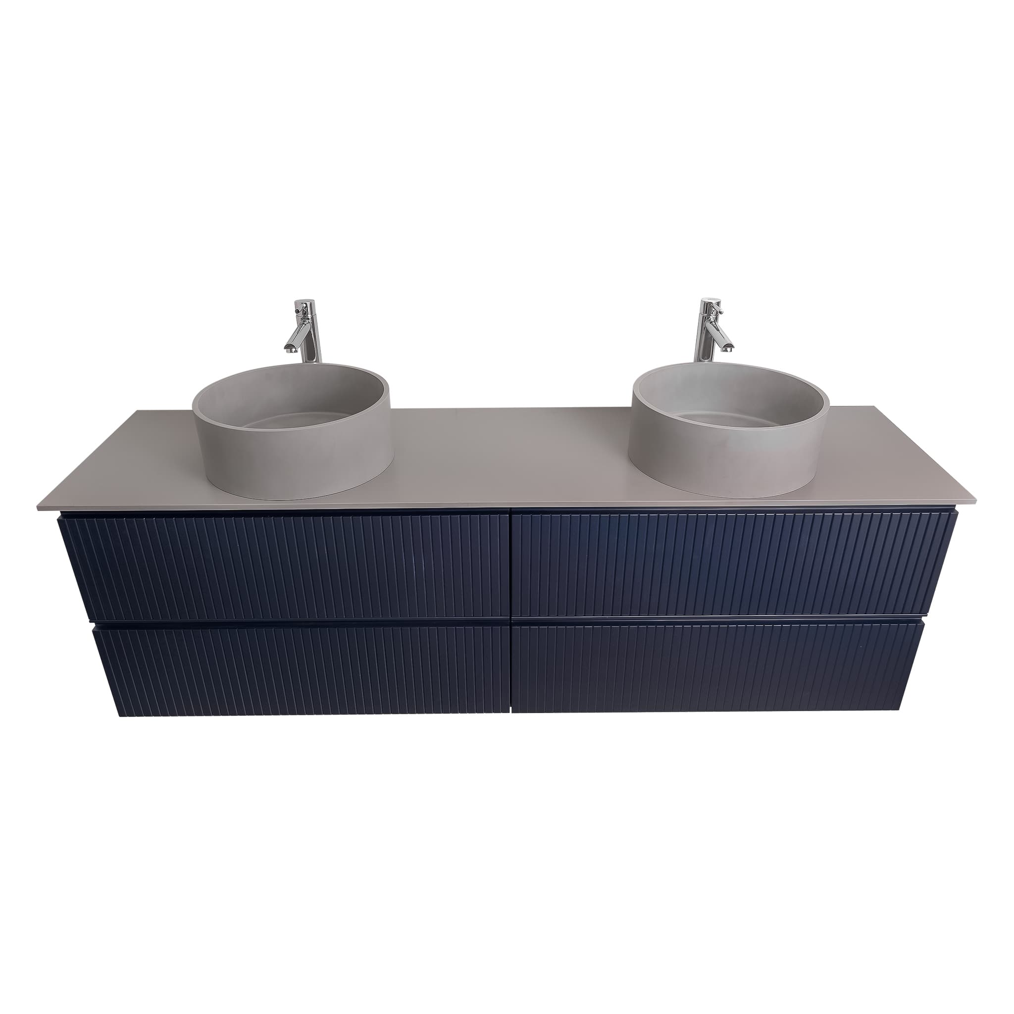 Ares 63 Matte Navy Blue Cabinet, Solid Surface Flat Grey Counter And Two Round Solid Surface Grey Basin 1386, Wall Mounted Modern Vanity Set