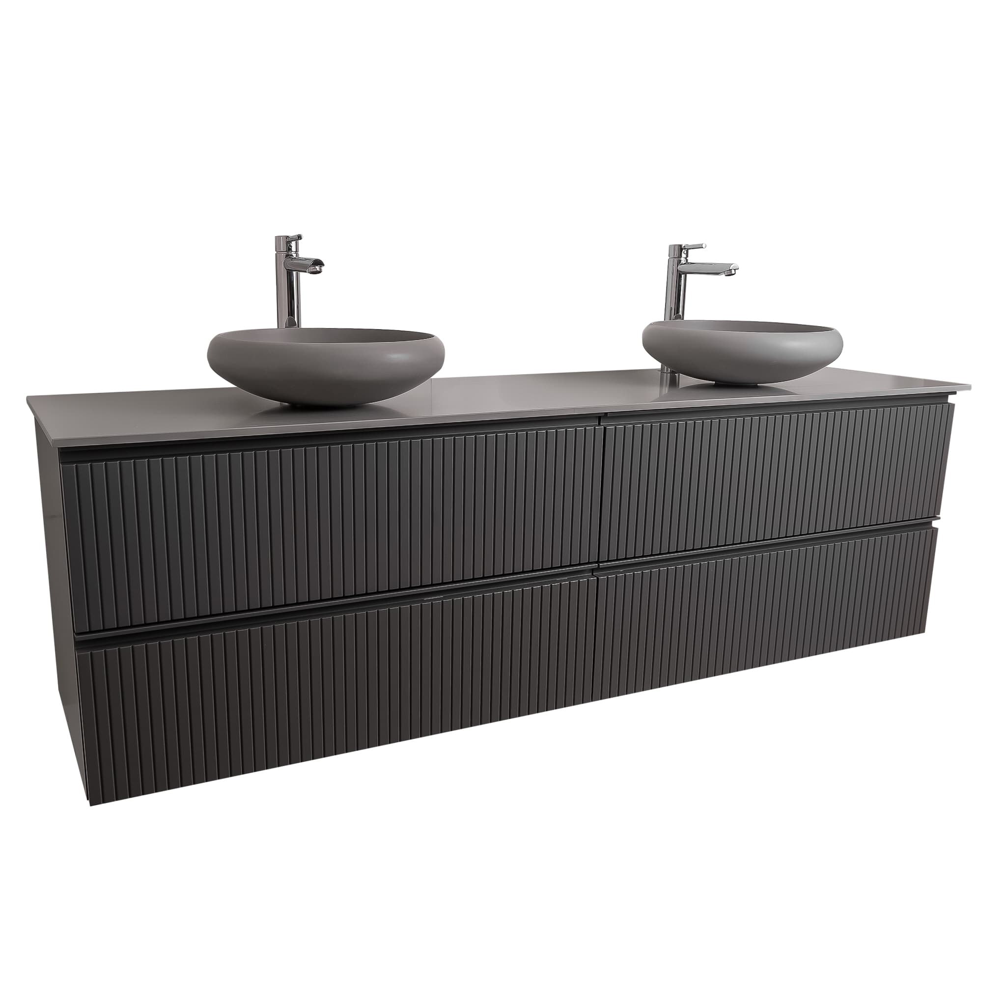 Ares 63 Matte Grey Cabinet, Solid Surface Flat Grey Counter And Two Round Solid Surface Grey Basin 1153, Wall Mounted Modern Vanity Set