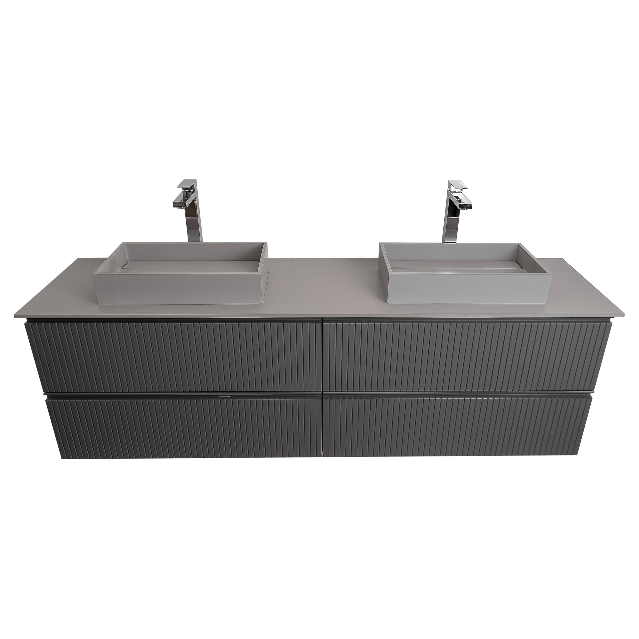 Ares 63 Matte Grey Cabinet, Solid Surface Flat Grey Counter And Two Infinity Square Solid Surface Grey Basin 1329, Wall Mounted Modern Vanity Set