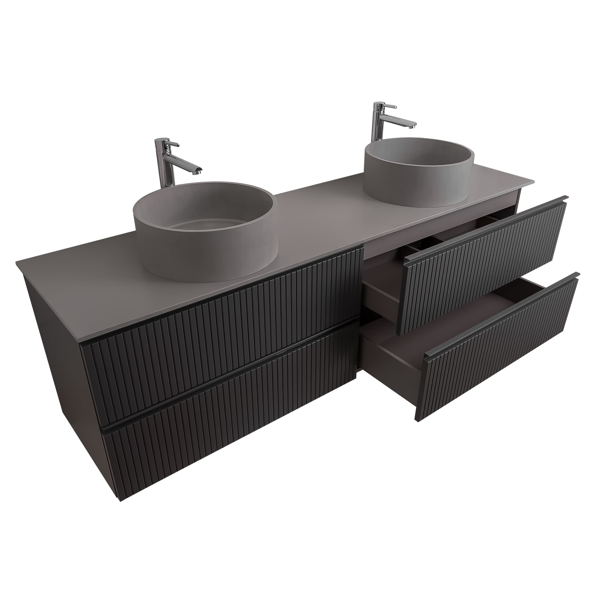 Ares 63 Matte Grey Cabinet, Solid Surface Flat Grey Counter And Two Round Solid Surface Grey Basin 1386, Wall Mounted Modern Vanity Set