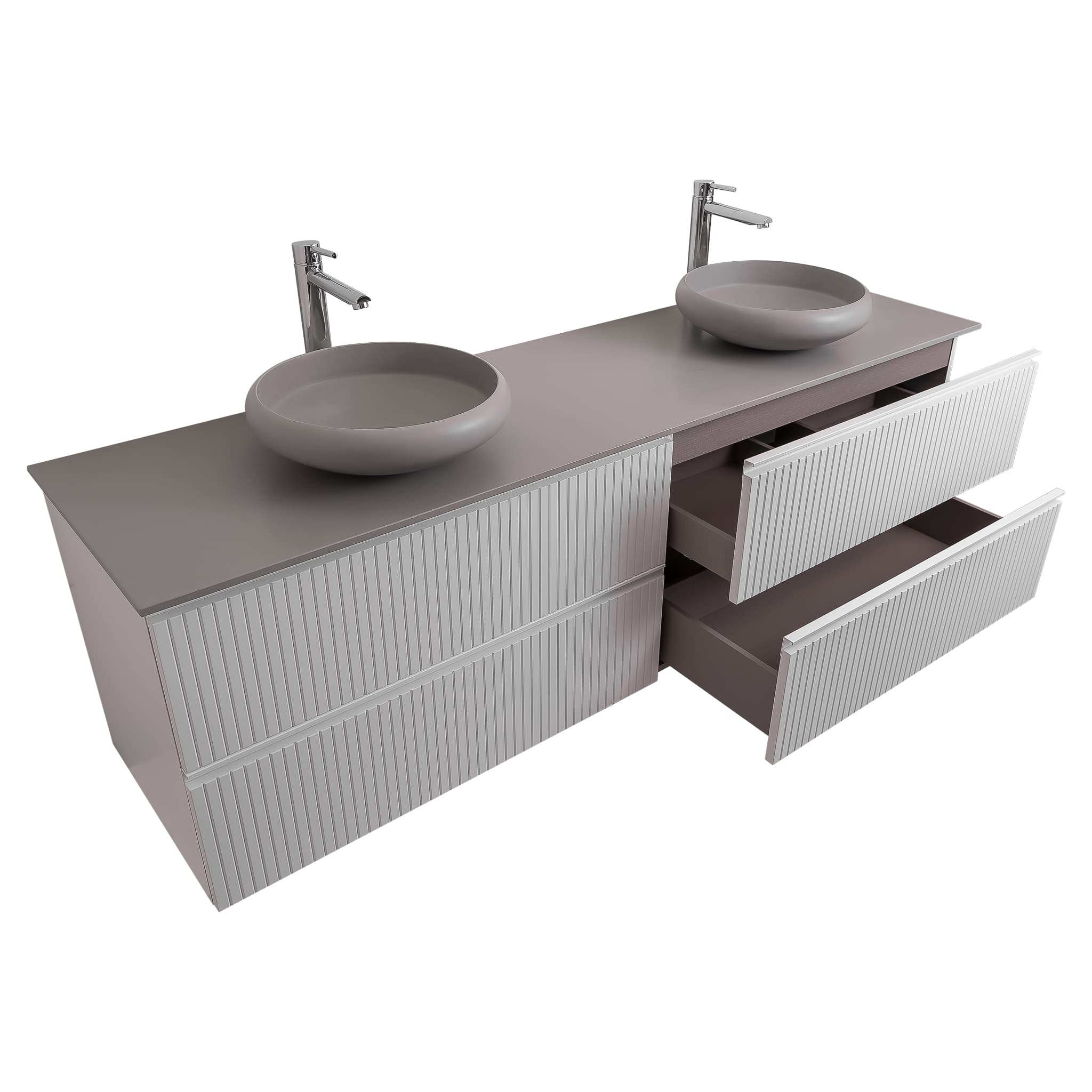 Ares 63 Matte White Cabinet, Solid Surface Flat Grey Counter And Two Round Solid Surface Grey Basin 1153, Wall Mounted Modern Vanity Set