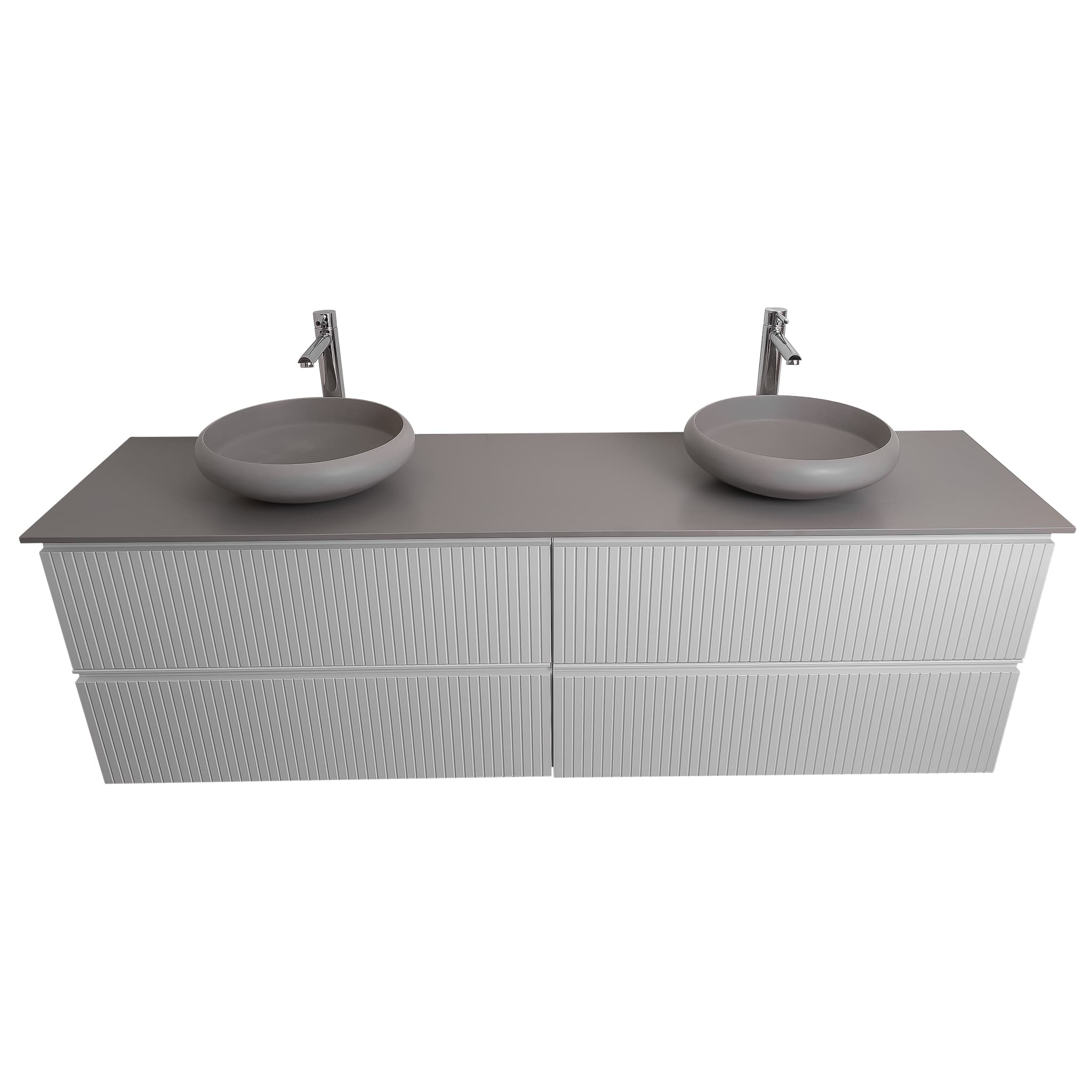Ares 63 Matte White Cabinet, Solid Surface Flat Grey Counter And Two Round Solid Surface Grey Basin 1153, Wall Mounted Modern Vanity Set