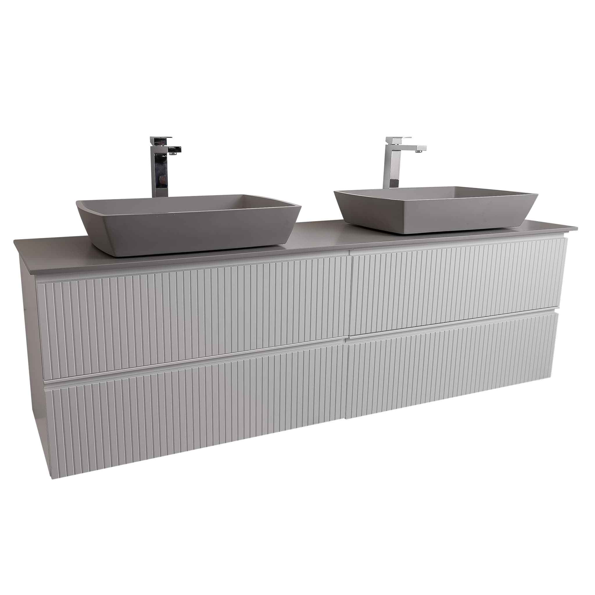 Ares 63 White Matte Cabinet, Solid Surface Flat Grey Counter And Two Square Solid Surface Grey Basin 1316, Wall Mounted Modern Vanity Set