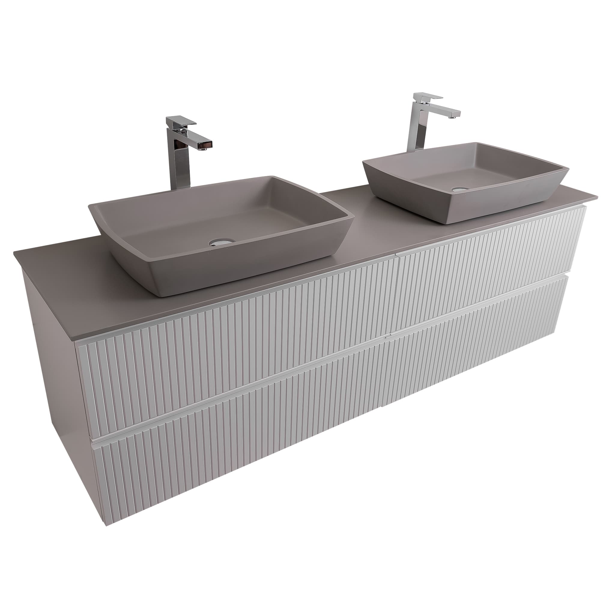 Ares 63 White Matte Cabinet, Solid Surface Flat Grey Counter And Two Square Solid Surface Grey Basin 1316, Wall Mounted Modern Vanity Set