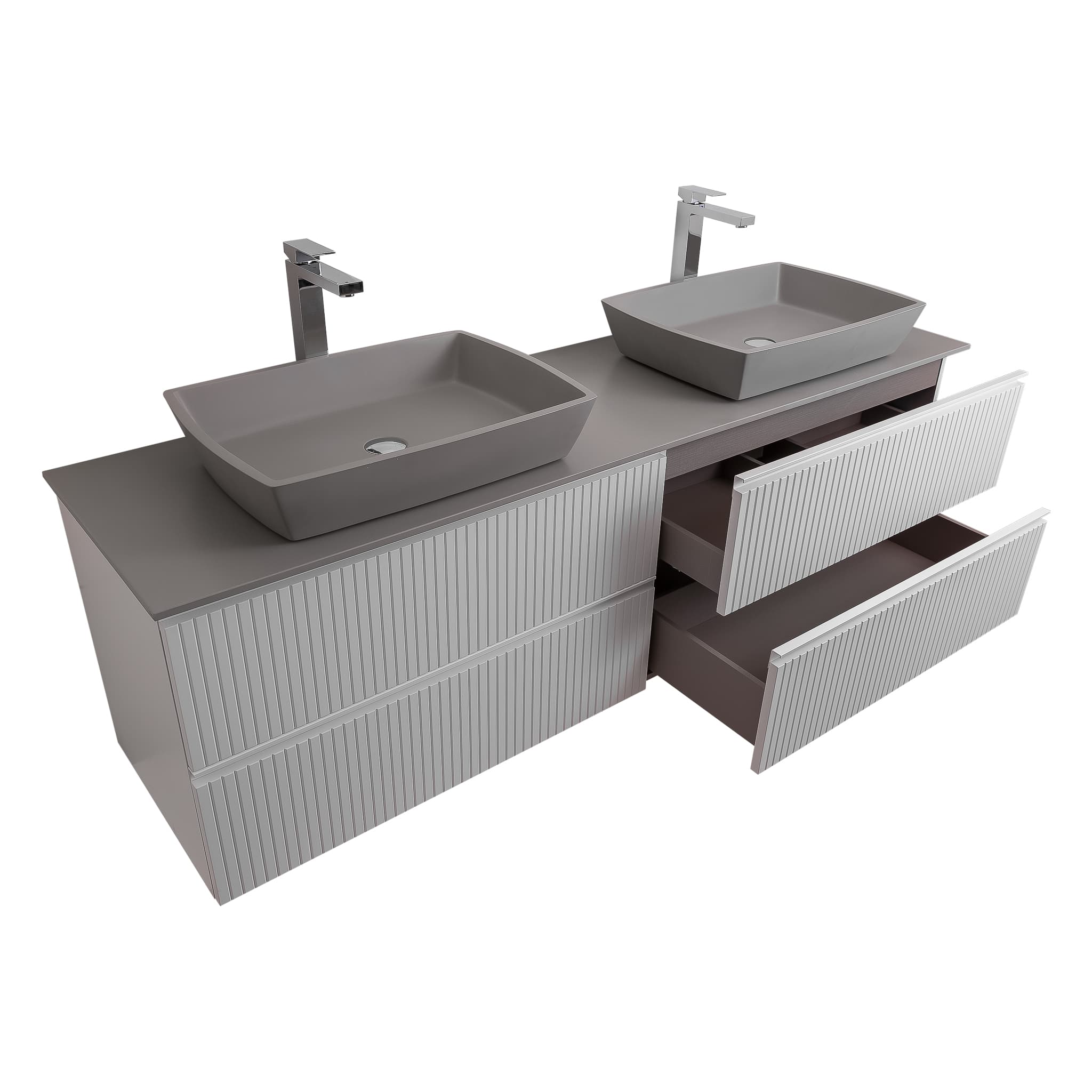 Ares 63 White Matte Cabinet, Solid Surface Flat Grey Counter And Two Square Solid Surface Grey Basin 1316, Wall Mounted Modern Vanity Set