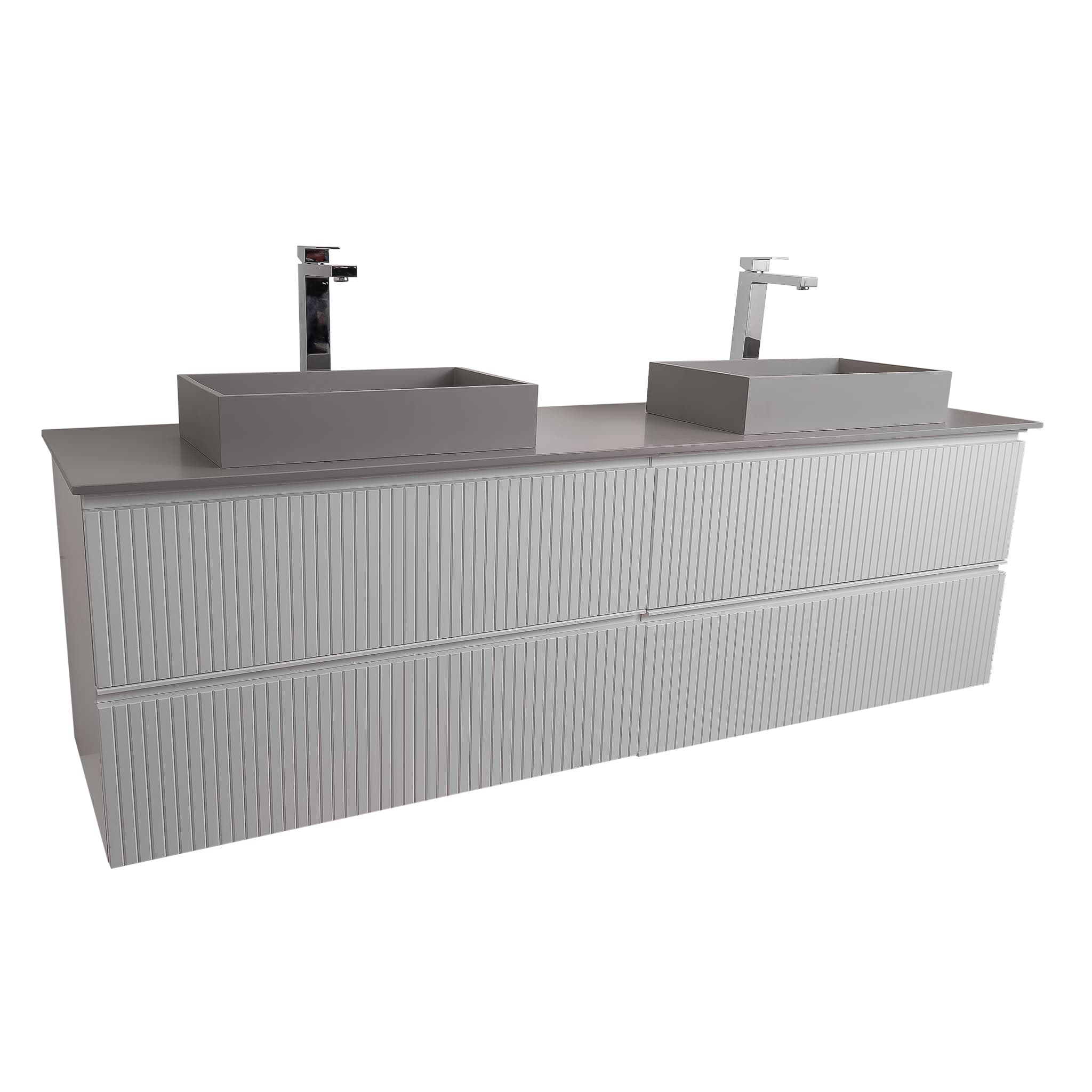Ares 63 Matte White Cabinet, Solid Surface Flat Grey Counter And Two Infinity Square Solid Surface Grey Basin 1329, Wall Mounted Modern Vanity Set