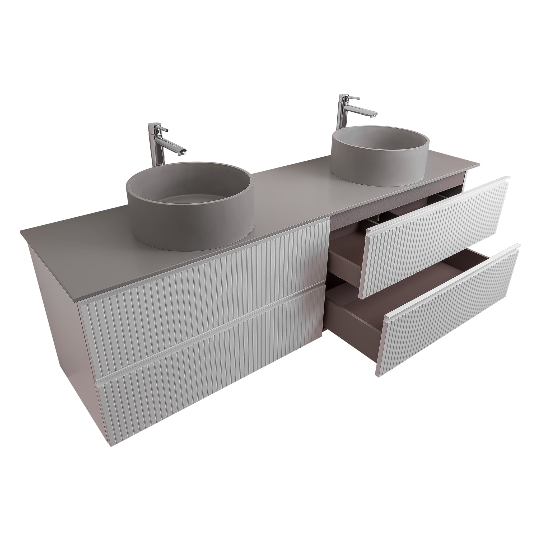 Ares 63 Matte White Cabinet, Solid Surface Flat Grey Counter And Two Round Solid Surface Grey Basin 1386, Wall Mounted Modern Vanity Set