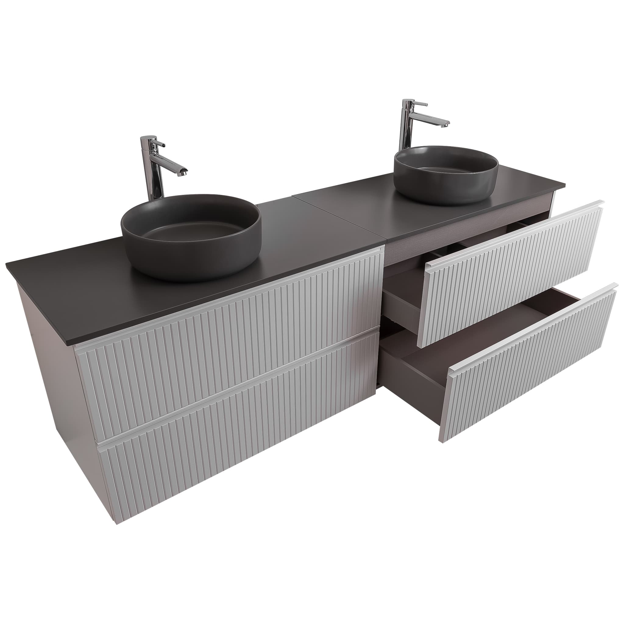 Ares 63 Matte White Cabinet, Ares Grey Ceniza Top And Two Ares Grey Ceniza Ceramic Basin, Wall Mounted Modern Vanity Set