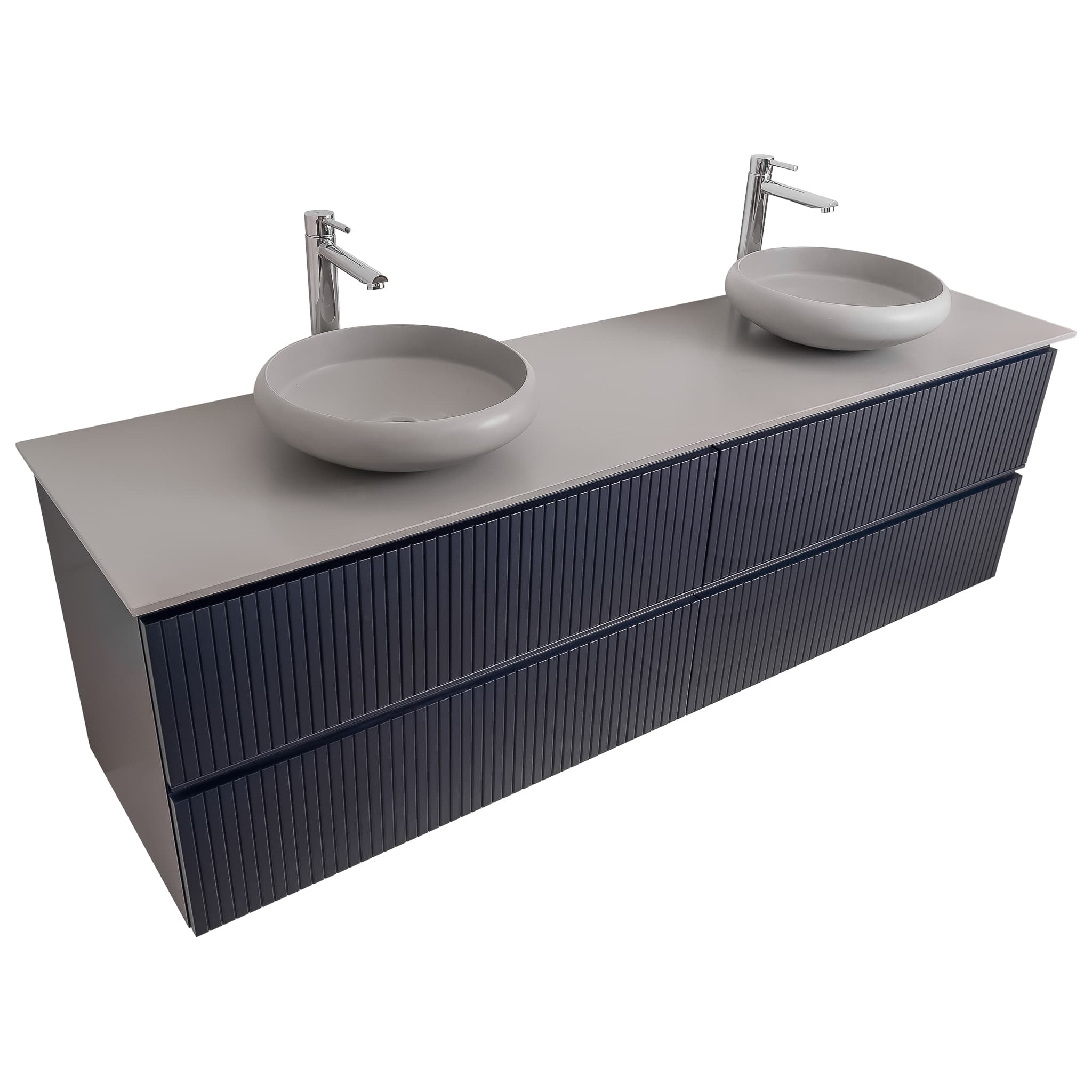 Ares 72 Matte Navy Blue Cabinet, Solid Surface Flat Grey Counter And Two Round Solid Surface Grey Basin 1153, Wall Mounted Modern Vanity Set