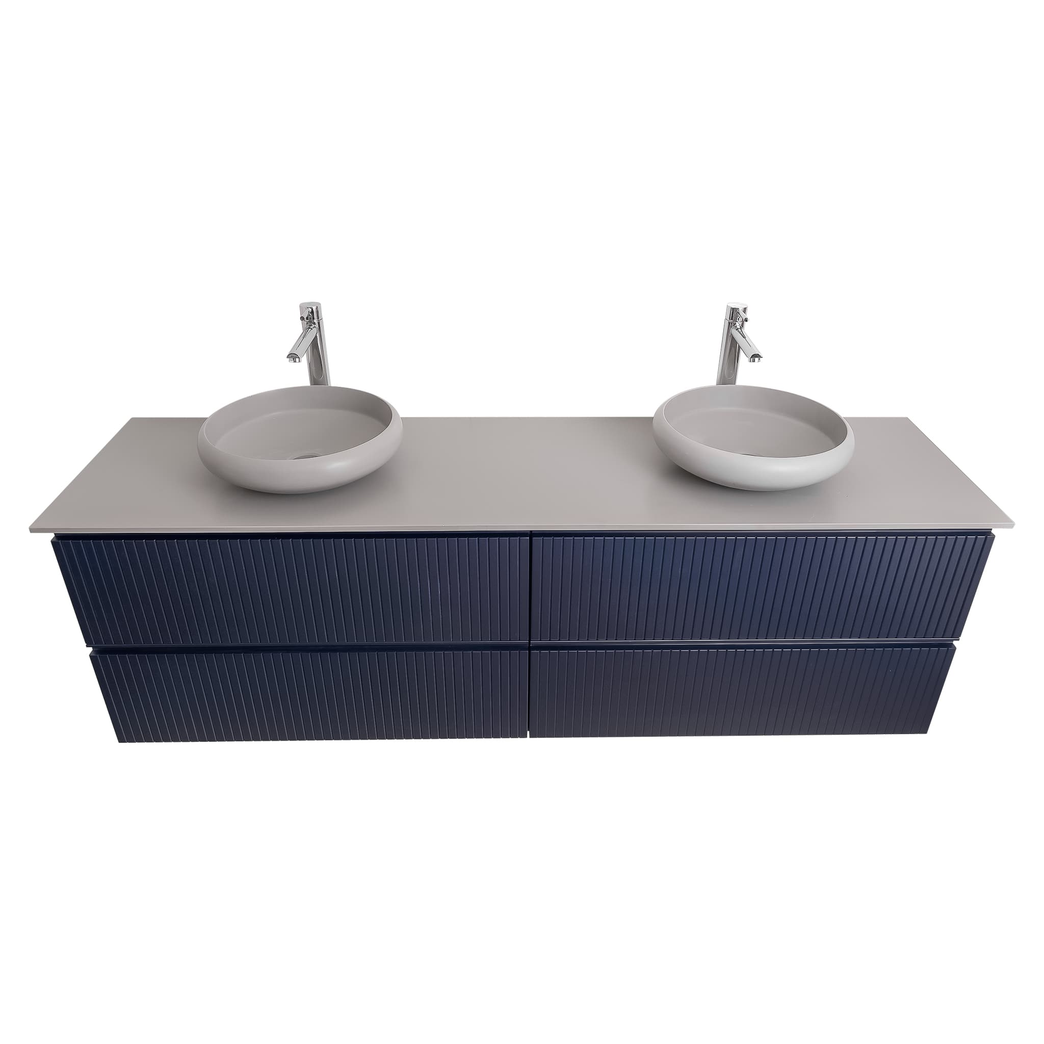 Ares 72 Matte Navy Blue Cabinet, Solid Surface Flat Grey Counter And Two Round Solid Surface Grey Basin 1153, Wall Mounted Modern Vanity Set