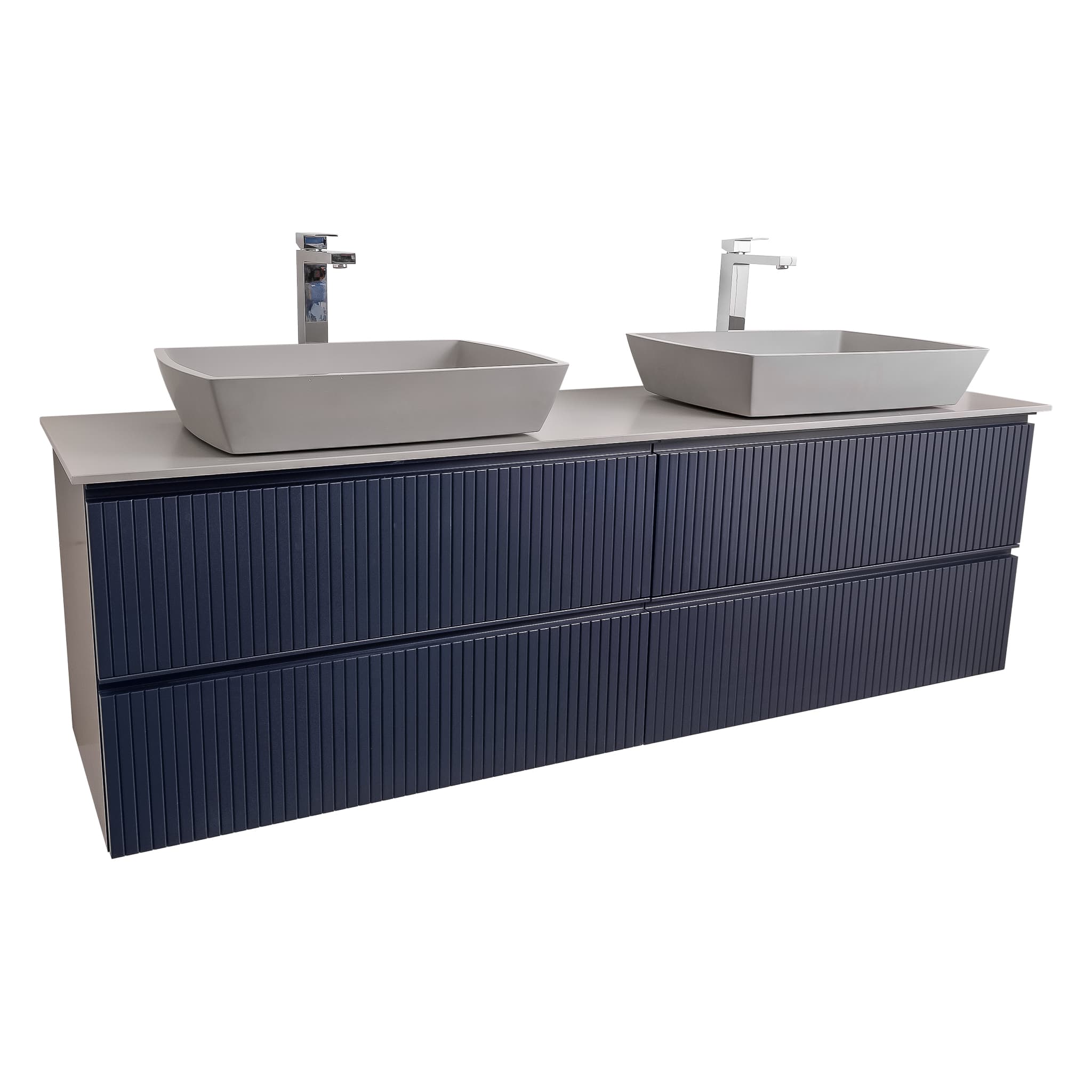 Ares 72 Matte Navy Blue Cabinet, Solid Surface Flat Grey Counter And Two Square Solid Surface Grey Basin 1316, Wall Mounted Modern Vanity Set