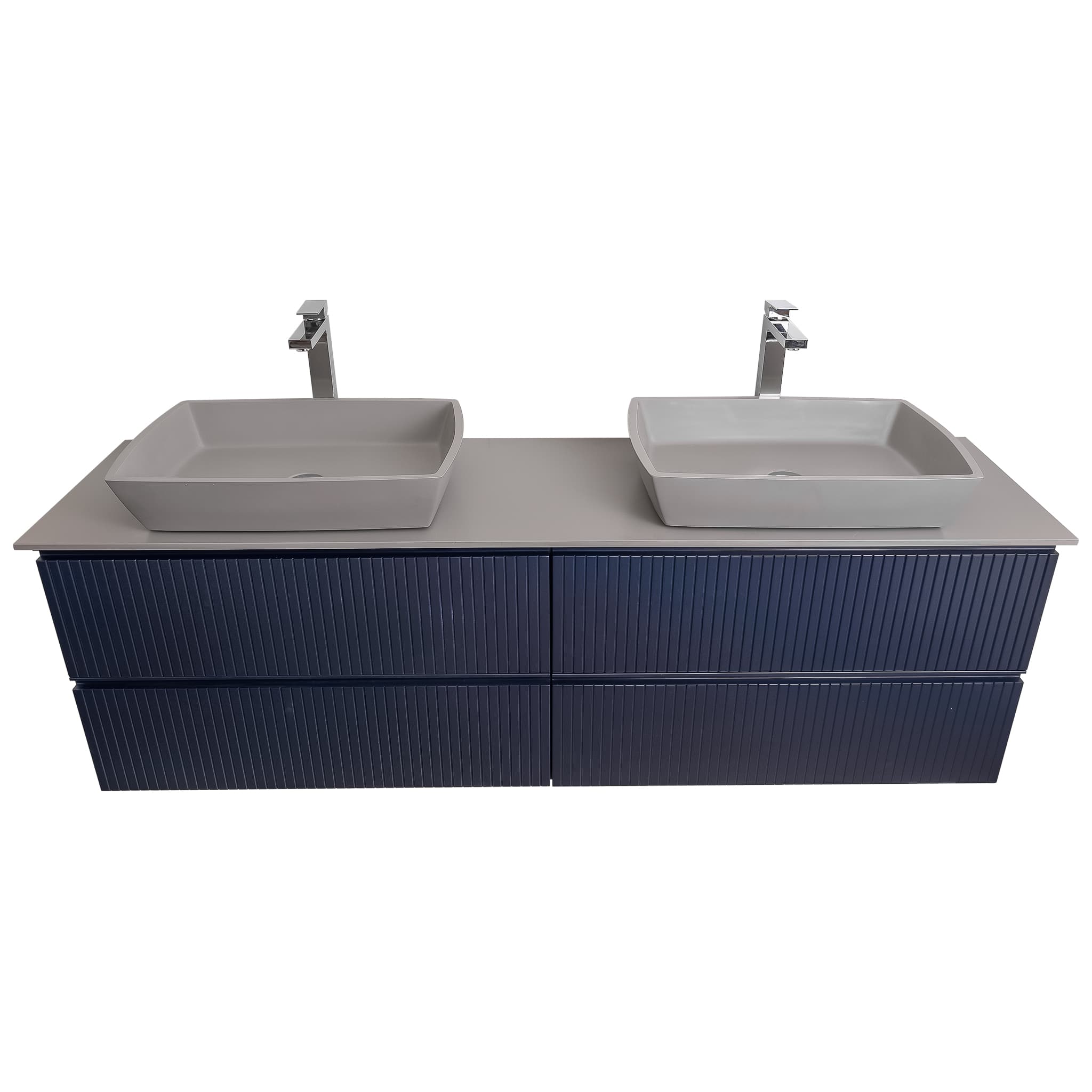 Ares 72 Matte Navy Blue Cabinet, Solid Surface Flat Grey Counter And Two Square Solid Surface Grey Basin 1316, Wall Mounted Modern Vanity Set