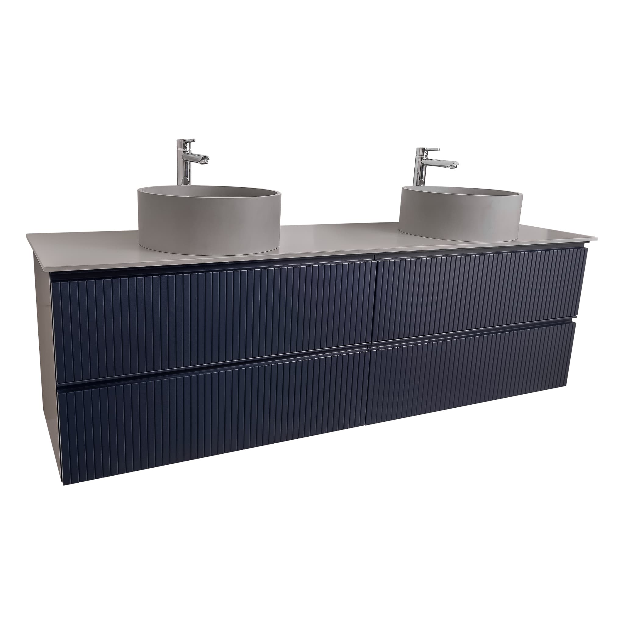 Ares 72 Matte Navy Blue Cabinet, Solid Surface Flat Grey Counter And Two Round Solid Surface Grey Basin 1386, Wall Mounted Modern Vanity Set