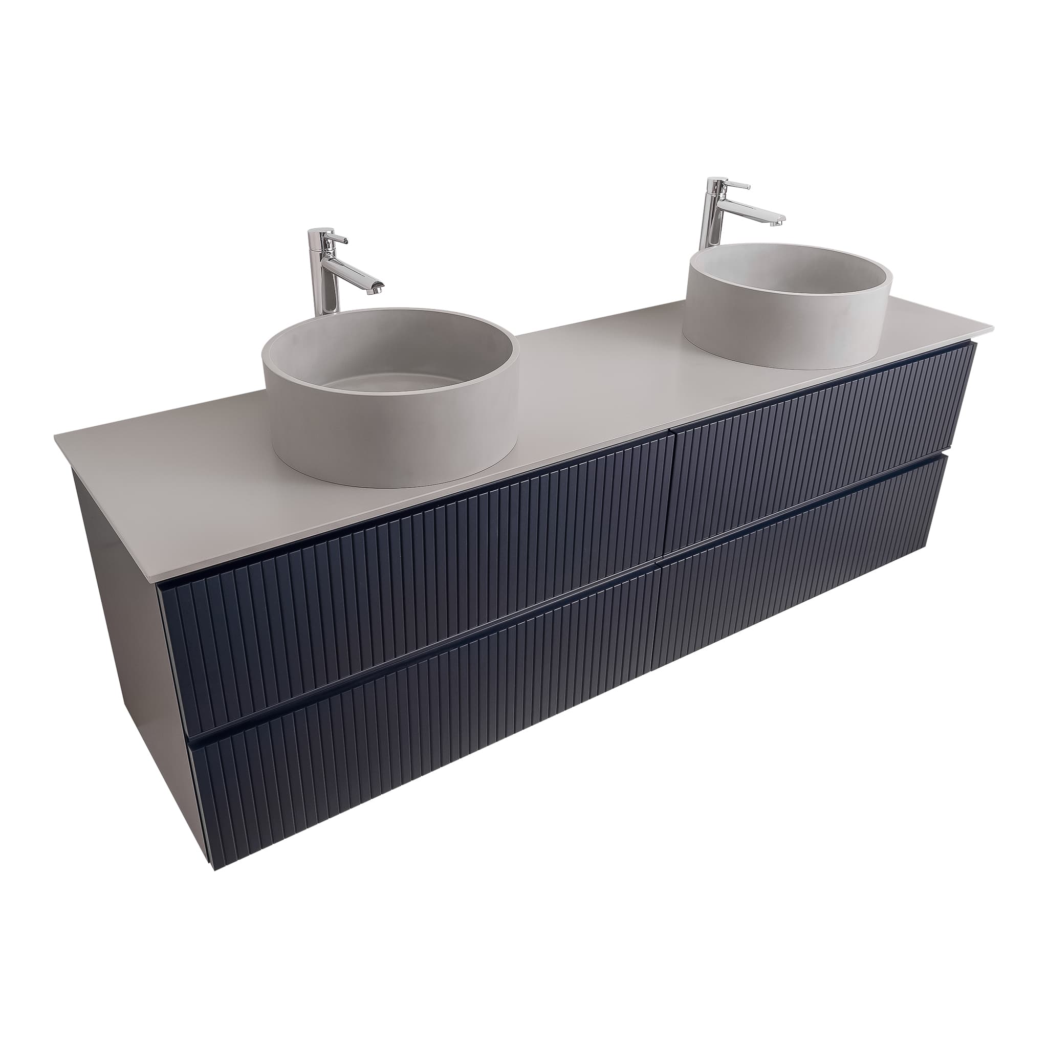 Ares 72 Matte Navy Blue Cabinet, Solid Surface Flat Grey Counter And Two Round Solid Surface Grey Basin 1386, Wall Mounted Modern Vanity Set