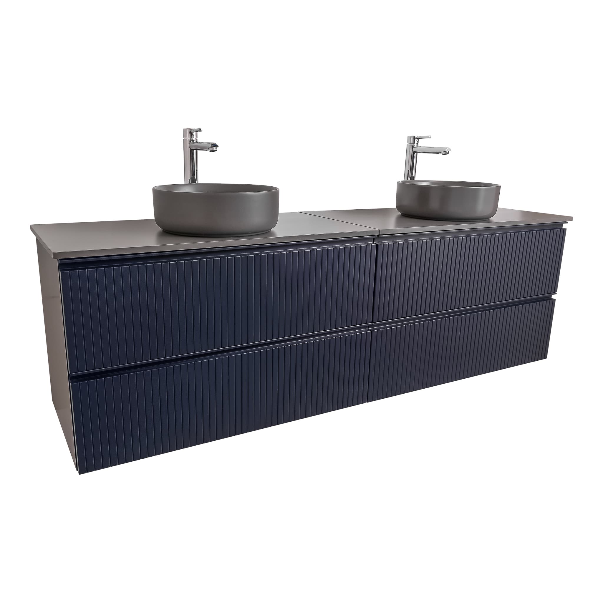 Ares 72 Matte Navy Blue Cabinet, Ares Grey Ceniza Top And Two Ares Grey Ceniza Ceramic Basin, Wall Mounted Modern Vanity Set