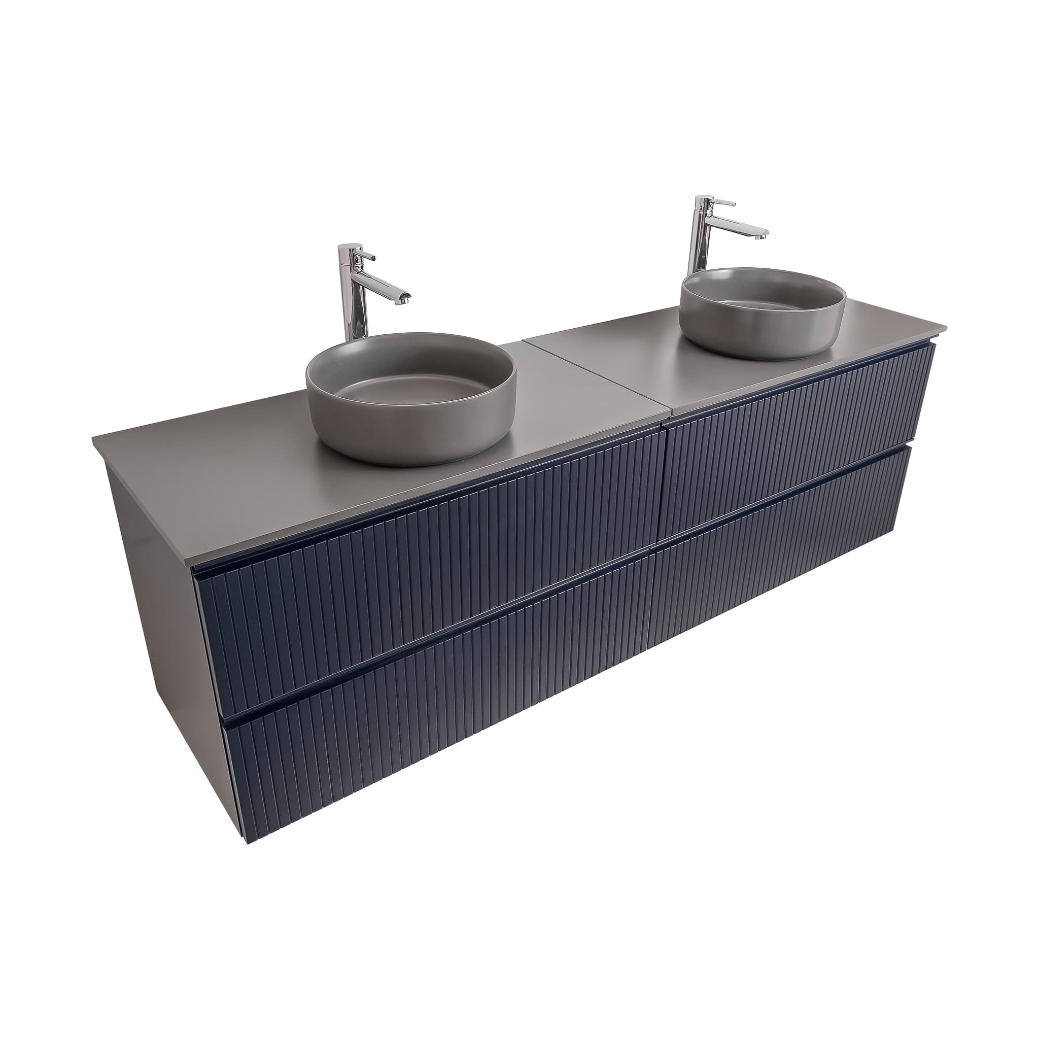 Ares 72 Matte Navy Blue Cabinet, Ares Grey Ceniza Top And Two Ares Grey Ceniza Ceramic Basin, Wall Mounted Modern Vanity Set