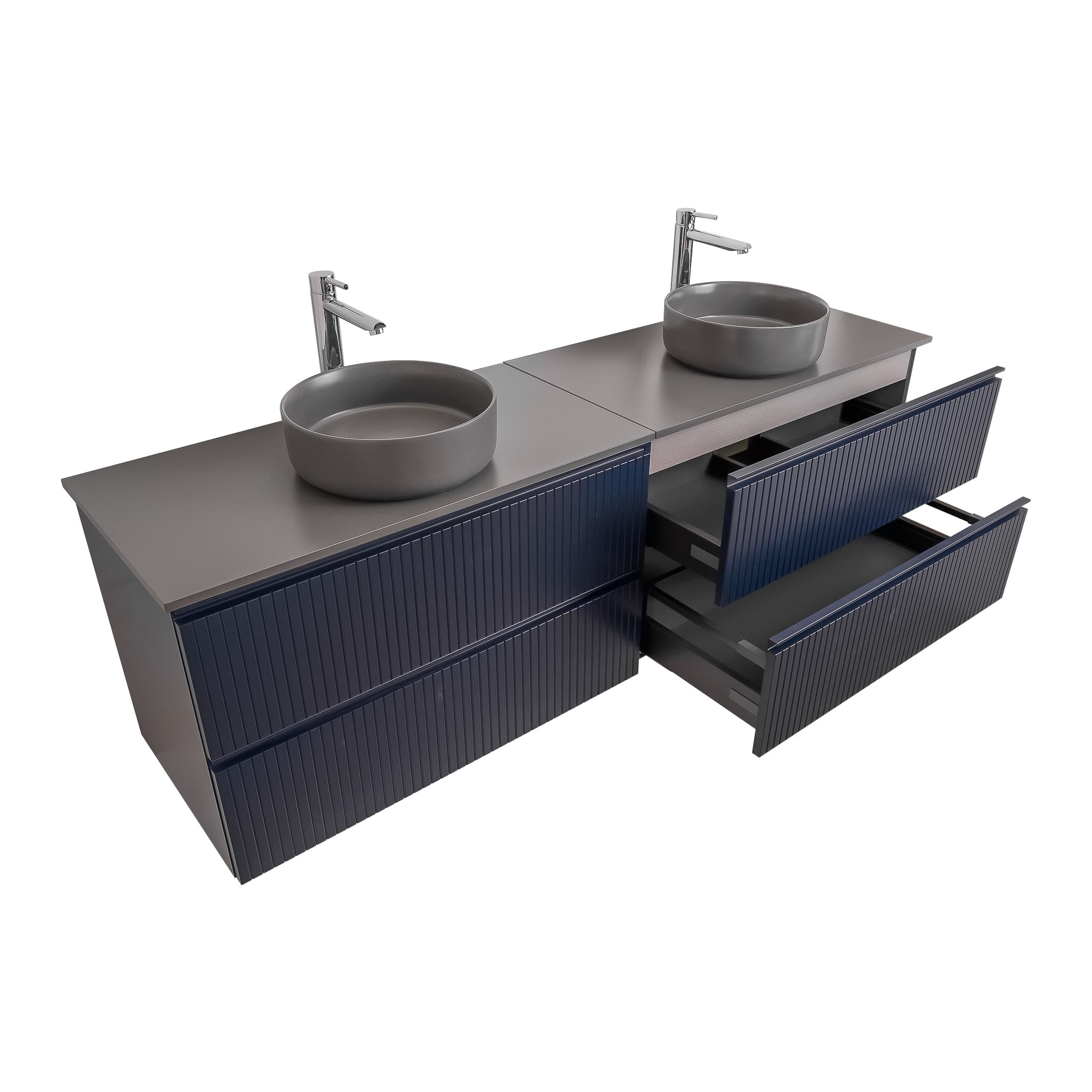 Ares 72 Matte Navy Blue Cabinet, Ares Grey Ceniza Top And Two Ares Grey Ceniza Ceramic Basin, Wall Mounted Modern Vanity Set