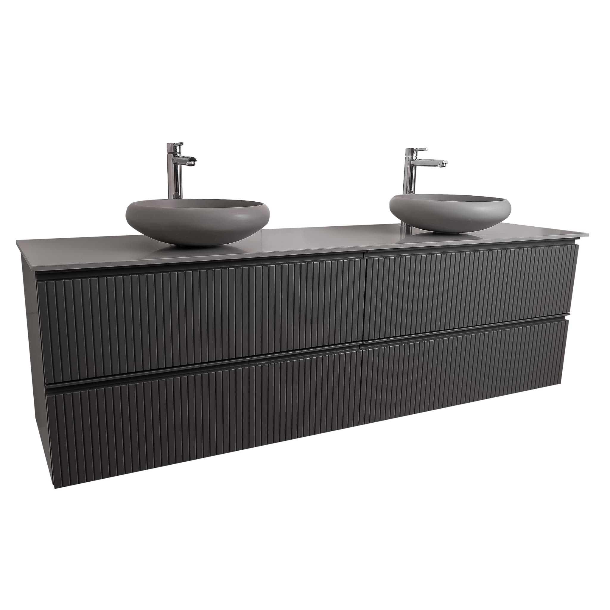 Ares 72 Matte Grey Cabinet, Solid Surface Flat Grey Counter And Two Round Solid Surface Grey Basin 1153, Wall Mounted Modern Vanity Set