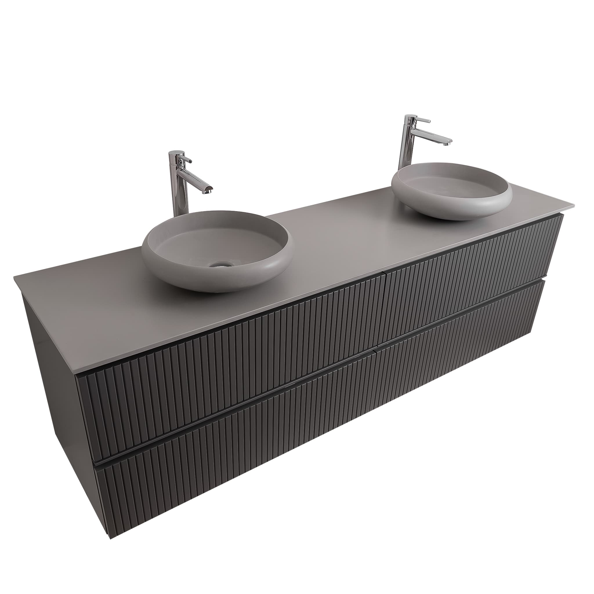 Ares 72 Matte Grey Cabinet, Solid Surface Flat Grey Counter And Two Round Solid Surface Grey Basin 1153, Wall Mounted Modern Vanity Set