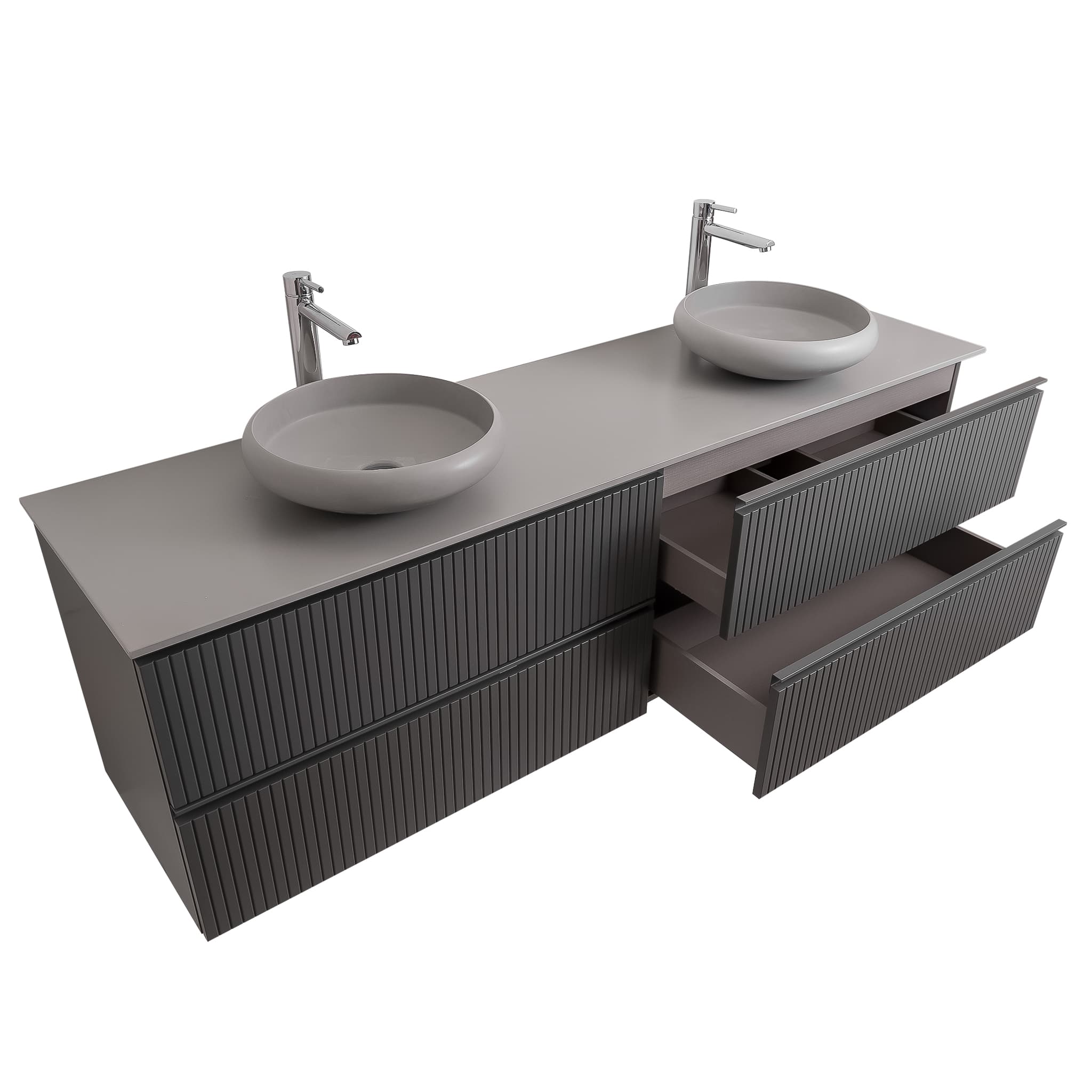 Ares 72 Matte Grey Cabinet, Solid Surface Flat Grey Counter And Two Round Solid Surface Grey Basin 1153, Wall Mounted Modern Vanity Set