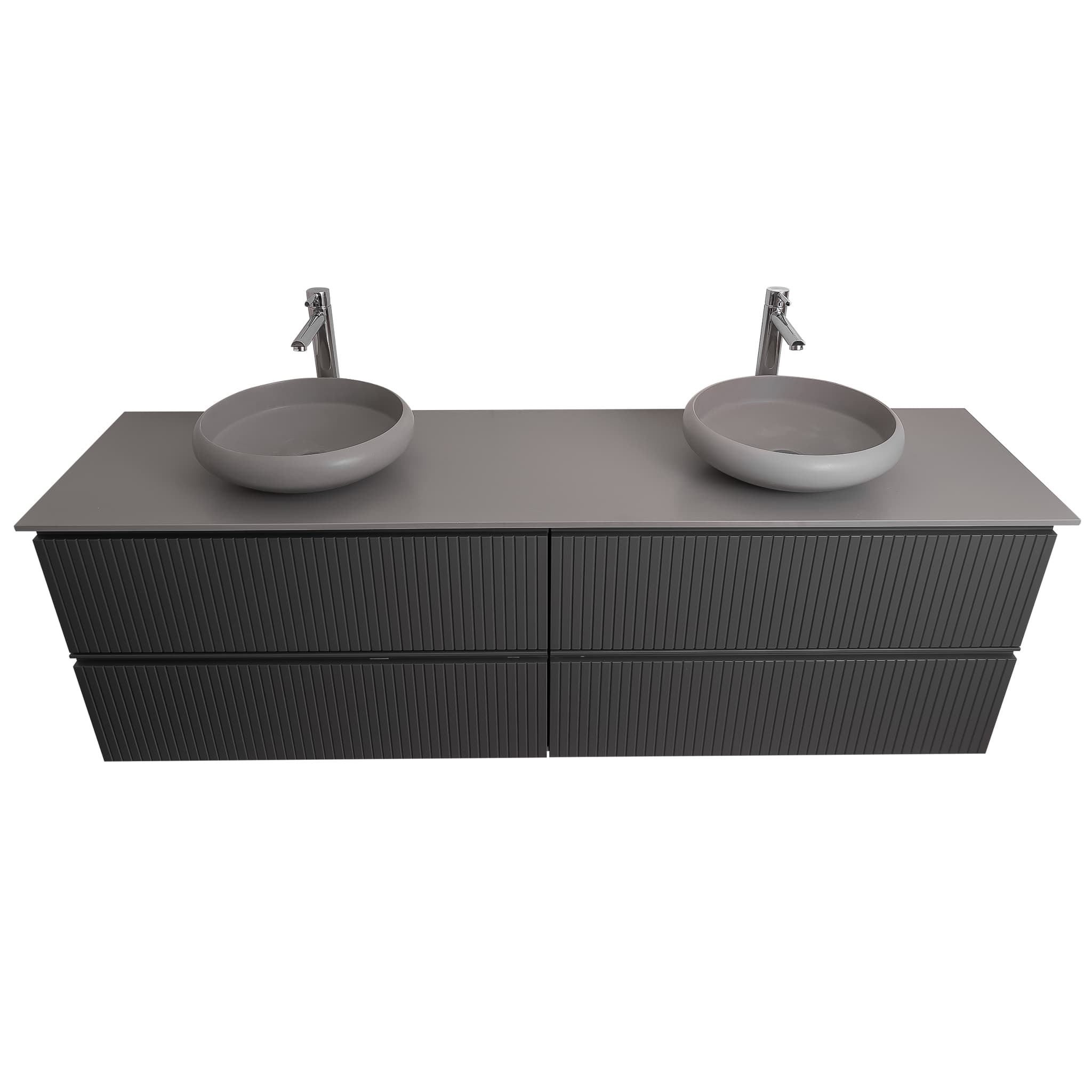 Ares 72 Matte Grey Cabinet, Solid Surface Flat Grey Counter And Two Round Solid Surface Grey Basin 1153, Wall Mounted Modern Vanity Set