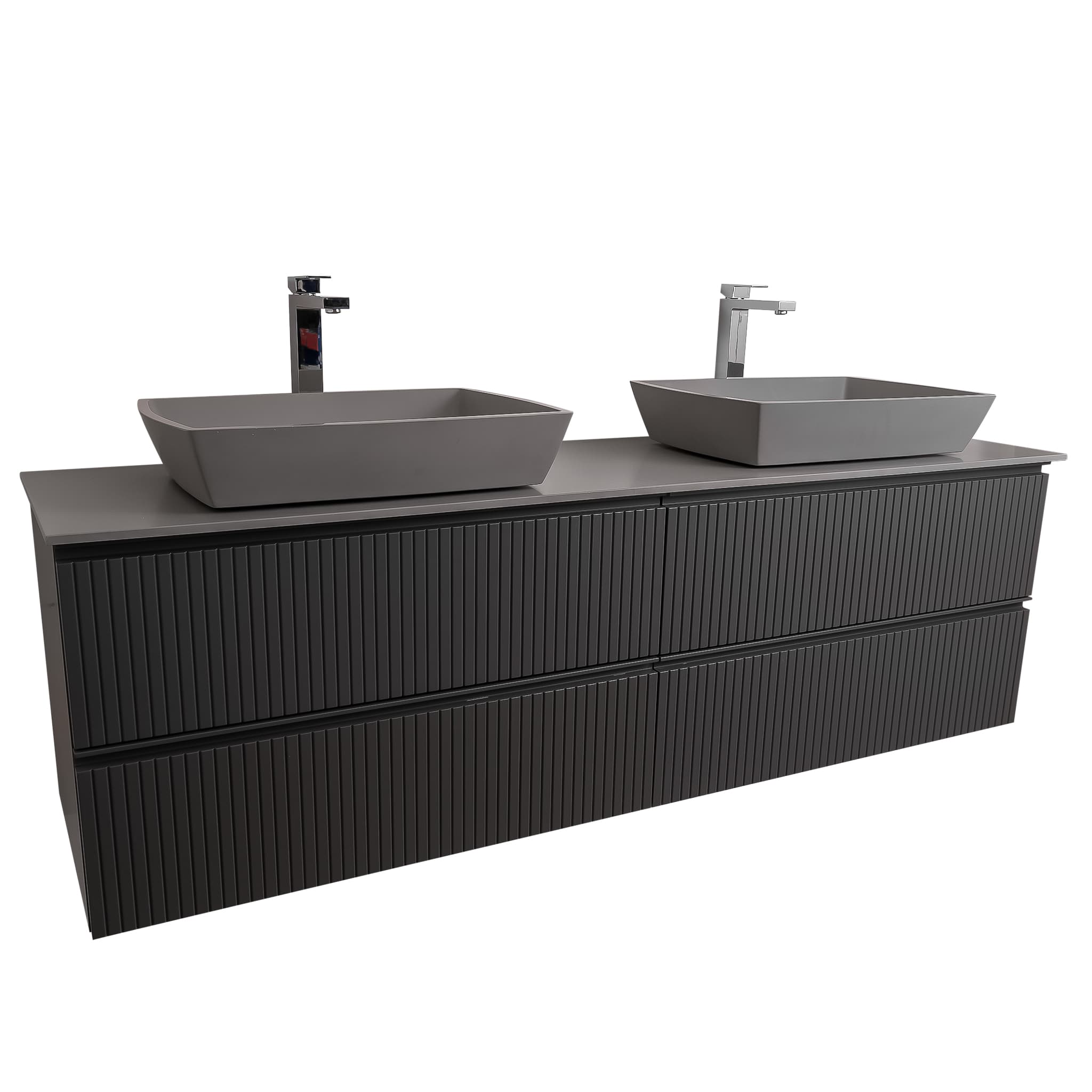 Ares 72 Matte Grey Cabinet, Solid Surface Flat Grey Counter And Two Square Solid Surface Grey Basin 1316, Wall Mounted Modern Vanity Set