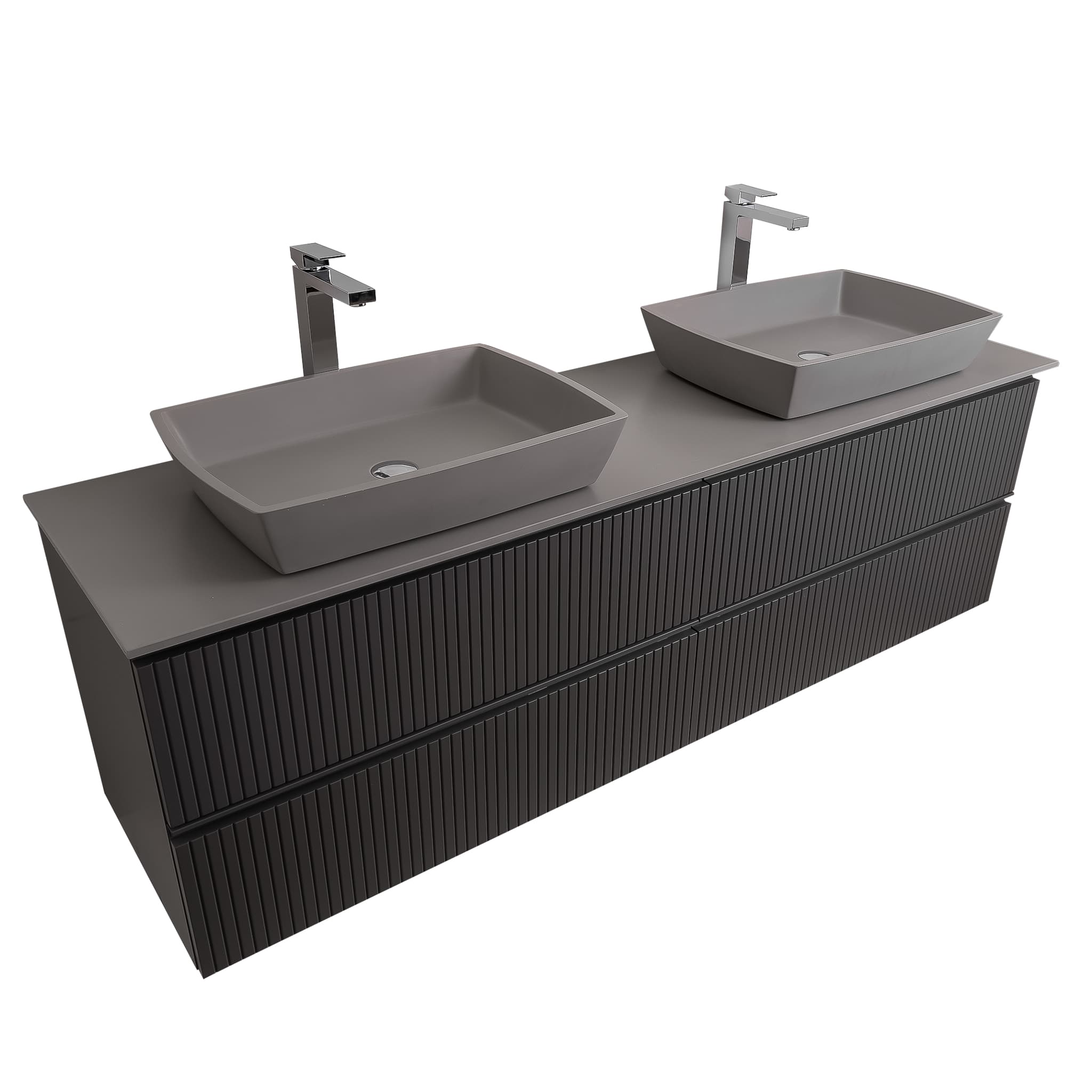 Ares 72 Matte Grey Cabinet, Solid Surface Flat Grey Counter And Two Square Solid Surface Grey Basin 1316, Wall Mounted Modern Vanity Set