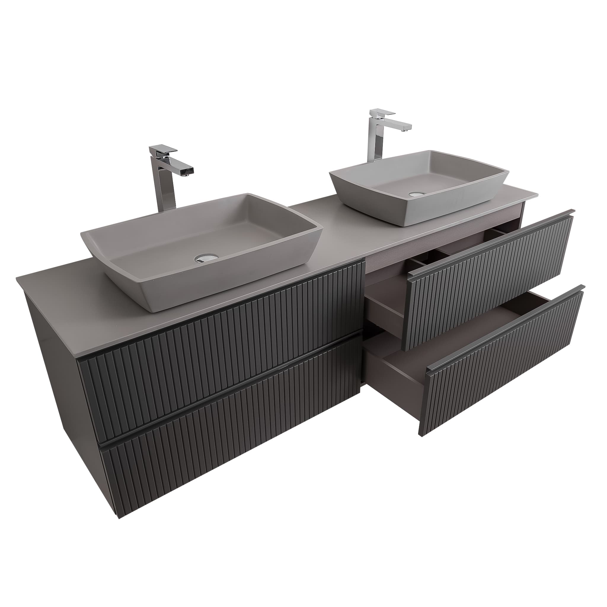 Ares 72 Matte Grey Cabinet, Solid Surface Flat Grey Counter And Two Square Solid Surface Grey Basin 1316, Wall Mounted Modern Vanity Set