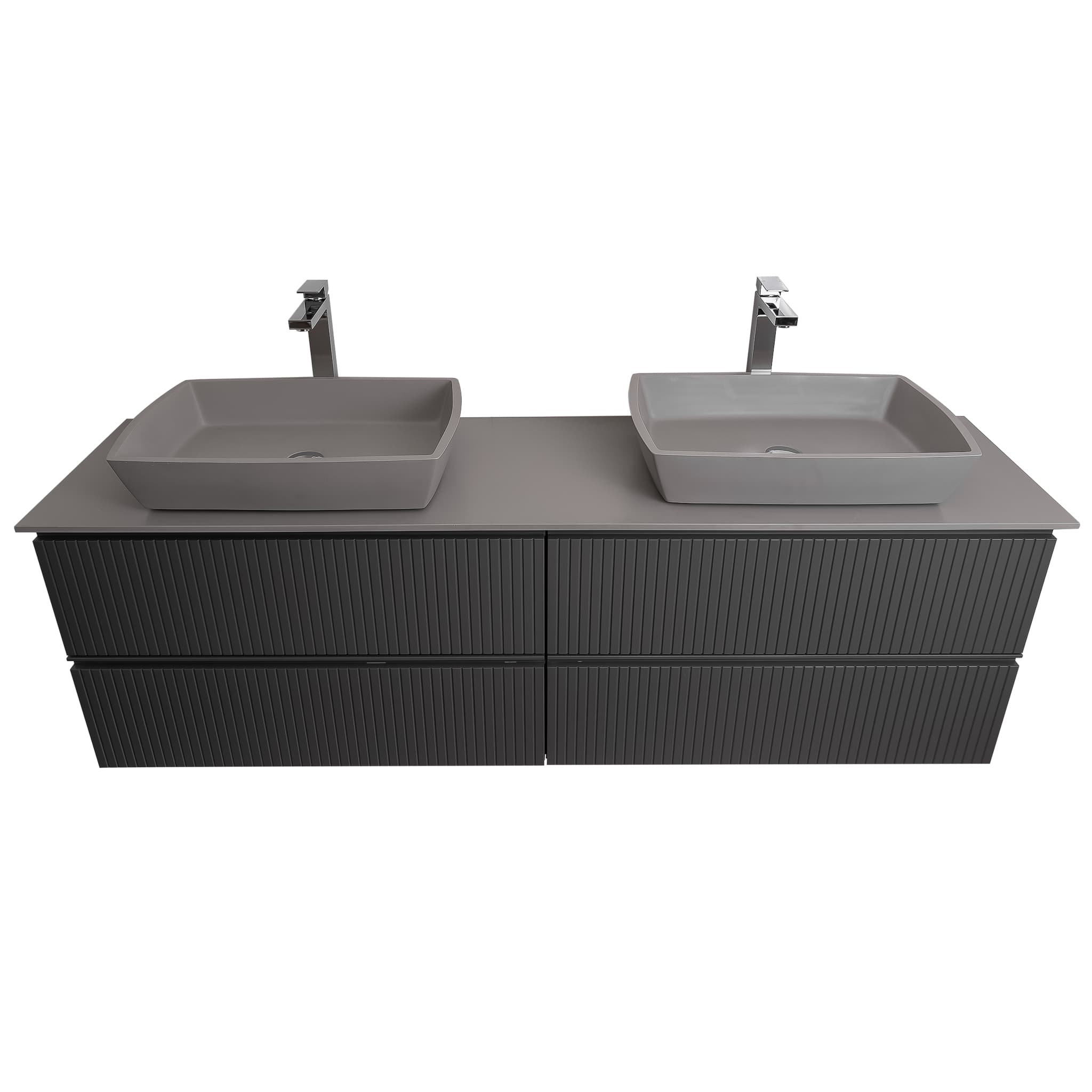 Ares 72 Matte Grey Cabinet, Solid Surface Flat Grey Counter And Two Square Solid Surface Grey Basin 1316, Wall Mounted Modern Vanity Set