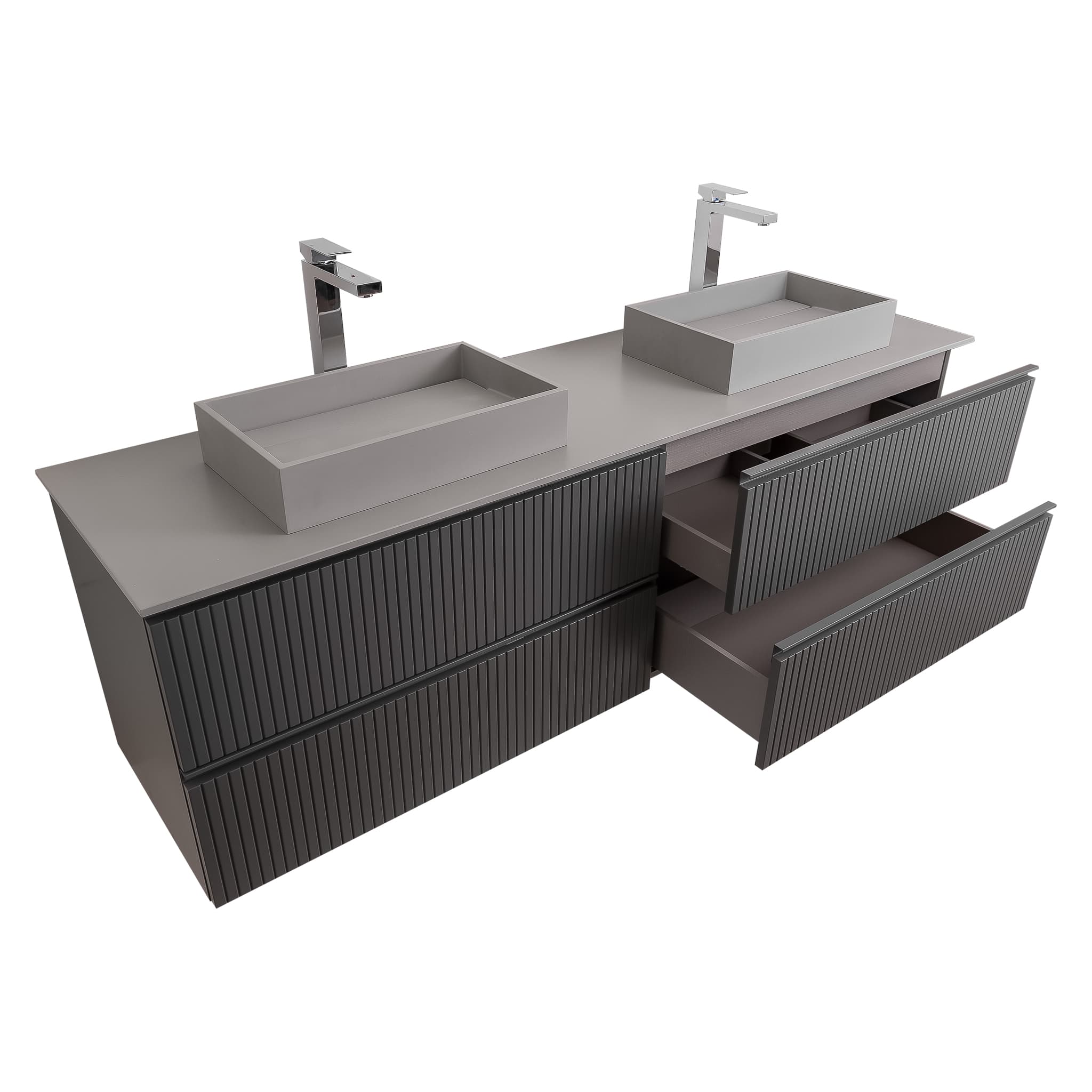 Ares 72 Matte Grey Cabinet, Solid Surface Flat Grey Counter And Two Infinity Square Solid Surface Grey Basin 1329, Wall Mounted Modern Vanity Set