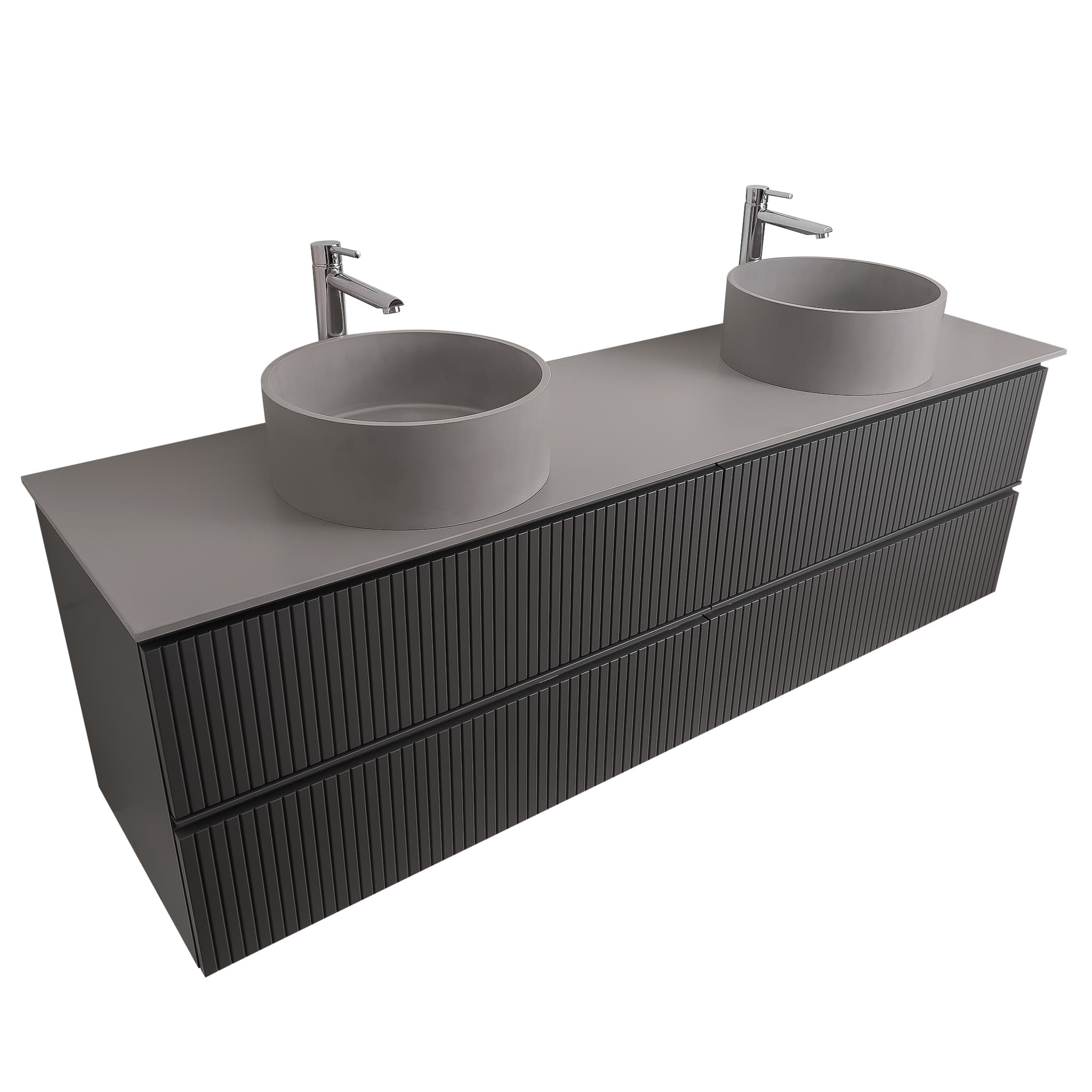 Ares 72 Matte Grey Cabinet, Solid Surface Flat Grey Counter And Two Round Solid Surface Grey Basin 1386, Wall Mounted Modern Vanity Set