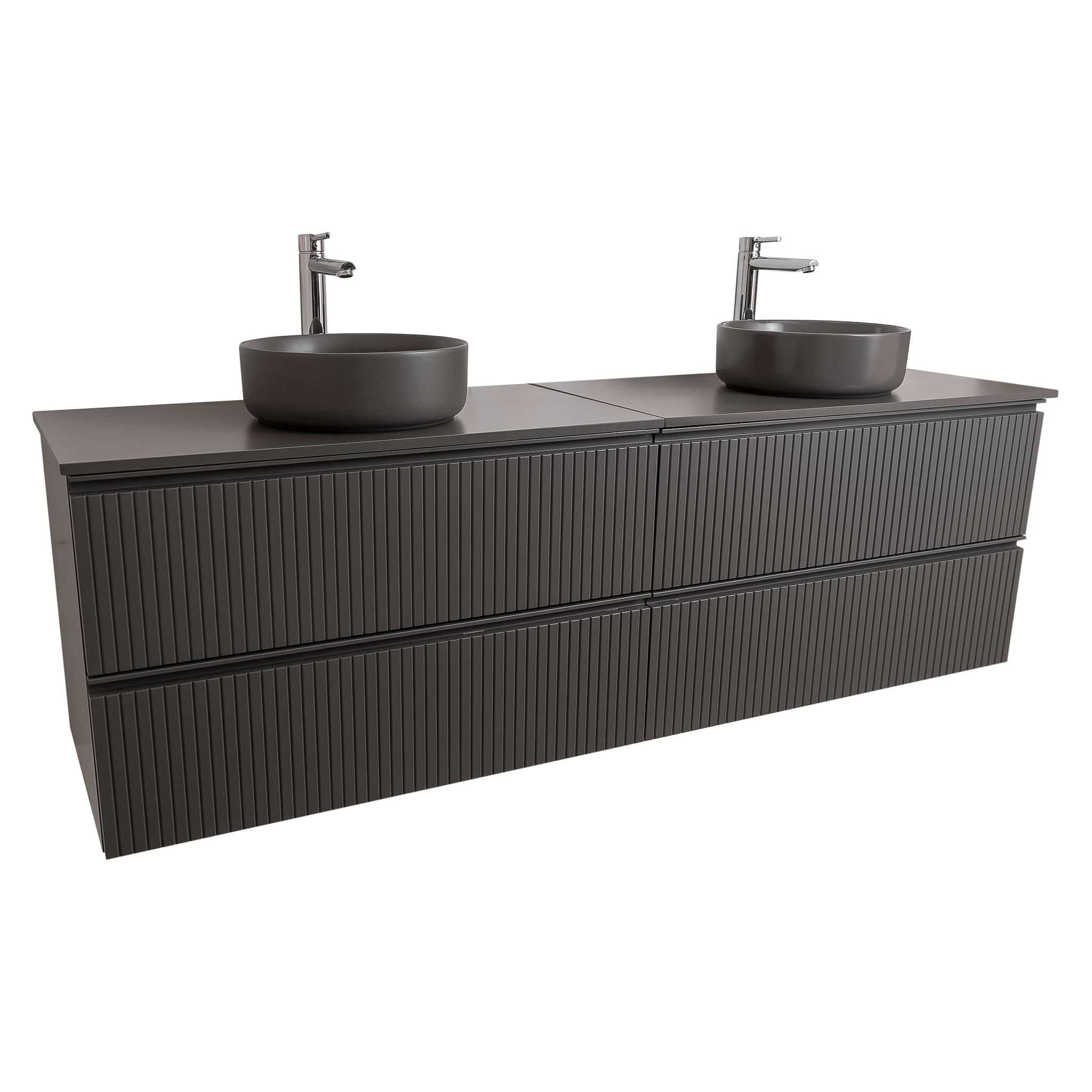 Ares 72 Matte Grey Cabinet, Ares Grey Ceniza Top And Two Ares Grey Ceniza Ceramic Basin, Wall Mounted Modern Vanity Set