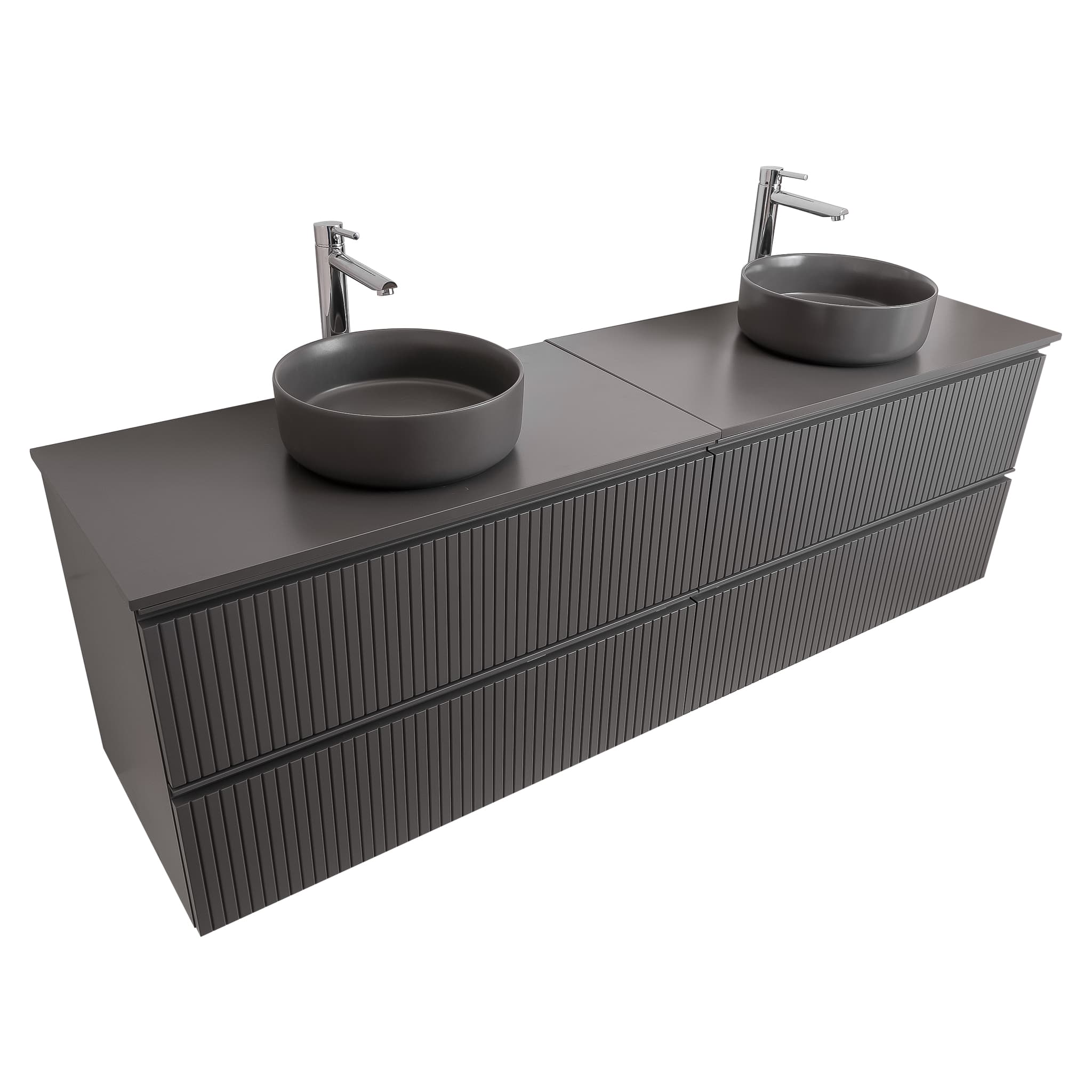 Ares 72 Matte Grey Cabinet, Ares Grey Ceniza Top And Two Ares Grey Ceniza Ceramic Basin, Wall Mounted Modern Vanity Set