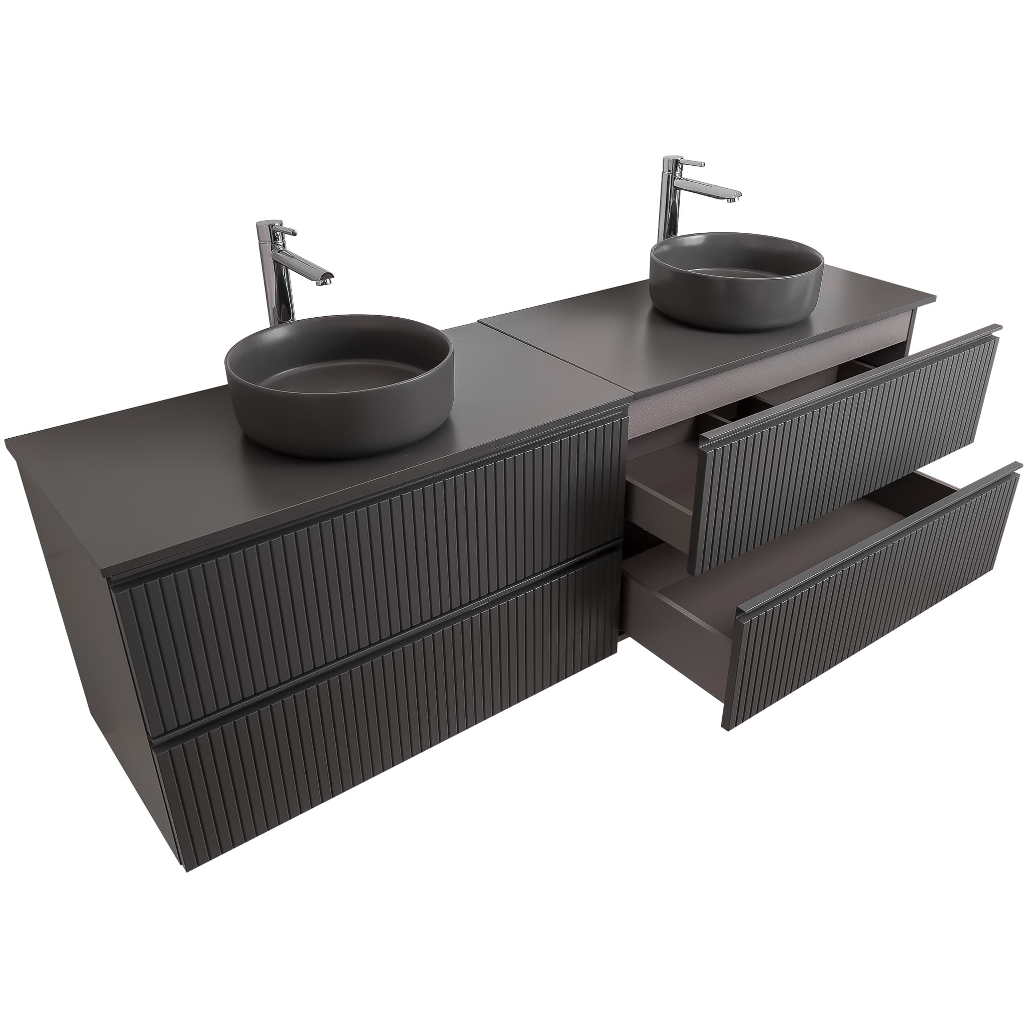 Ares 72 Matte Grey Cabinet, Ares Grey Ceniza Top And Two Ares Grey Ceniza Ceramic Basin, Wall Mounted Modern Vanity Set