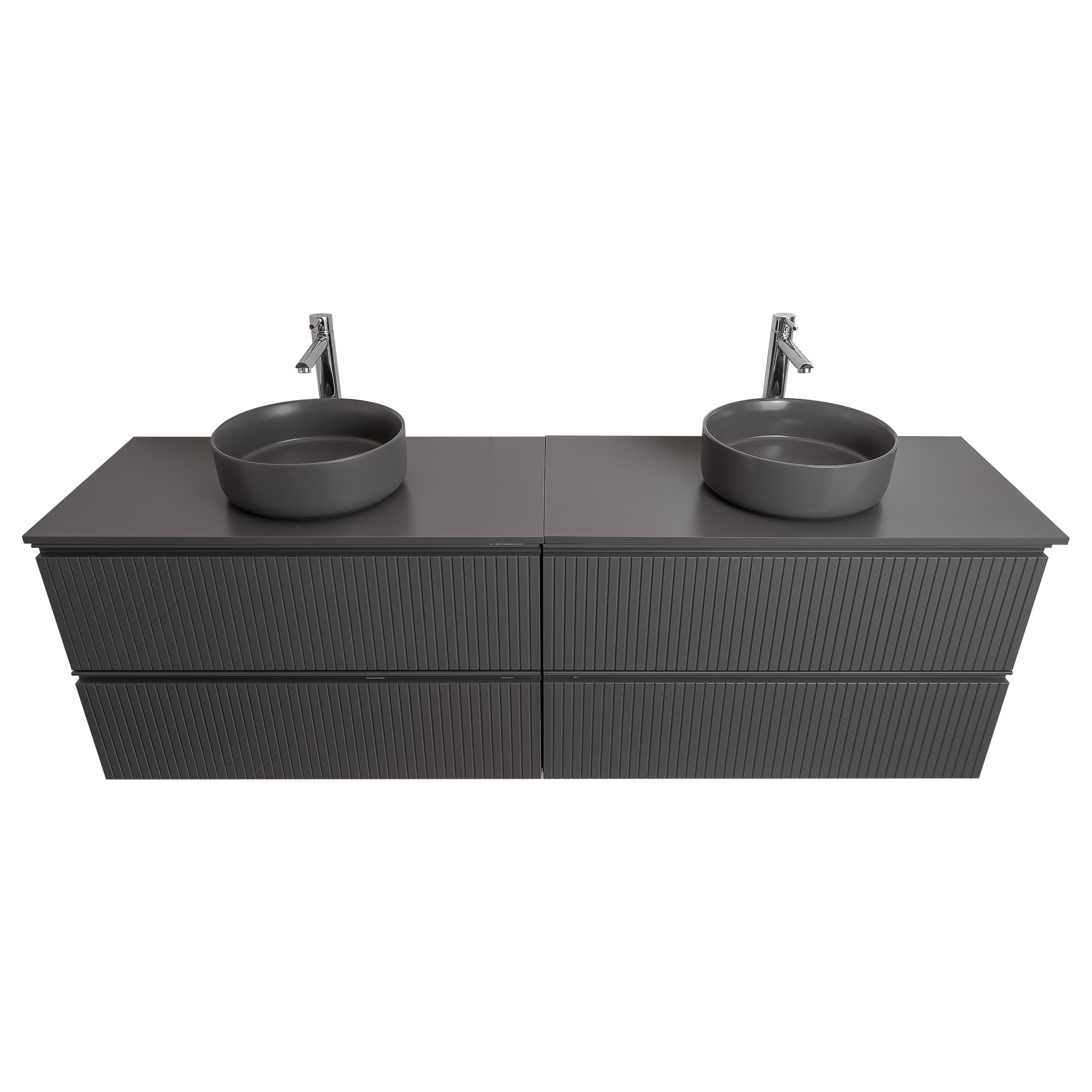 Ares 72 Matte Grey Cabinet, Ares Grey Ceniza Top And Two Ares Grey Ceniza Ceramic Basin, Wall Mounted Modern Vanity Set