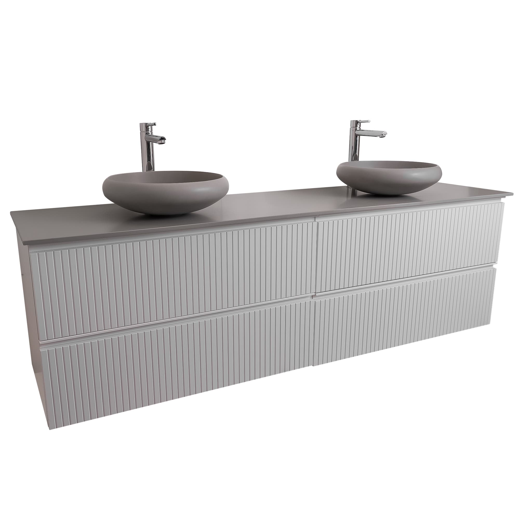 Ares 72 Matte White Cabinet, Solid Surface Flat Grey Counter And Two Round Solid Surface Grey Basin 1153, Wall Mounted Modern Vanity Set