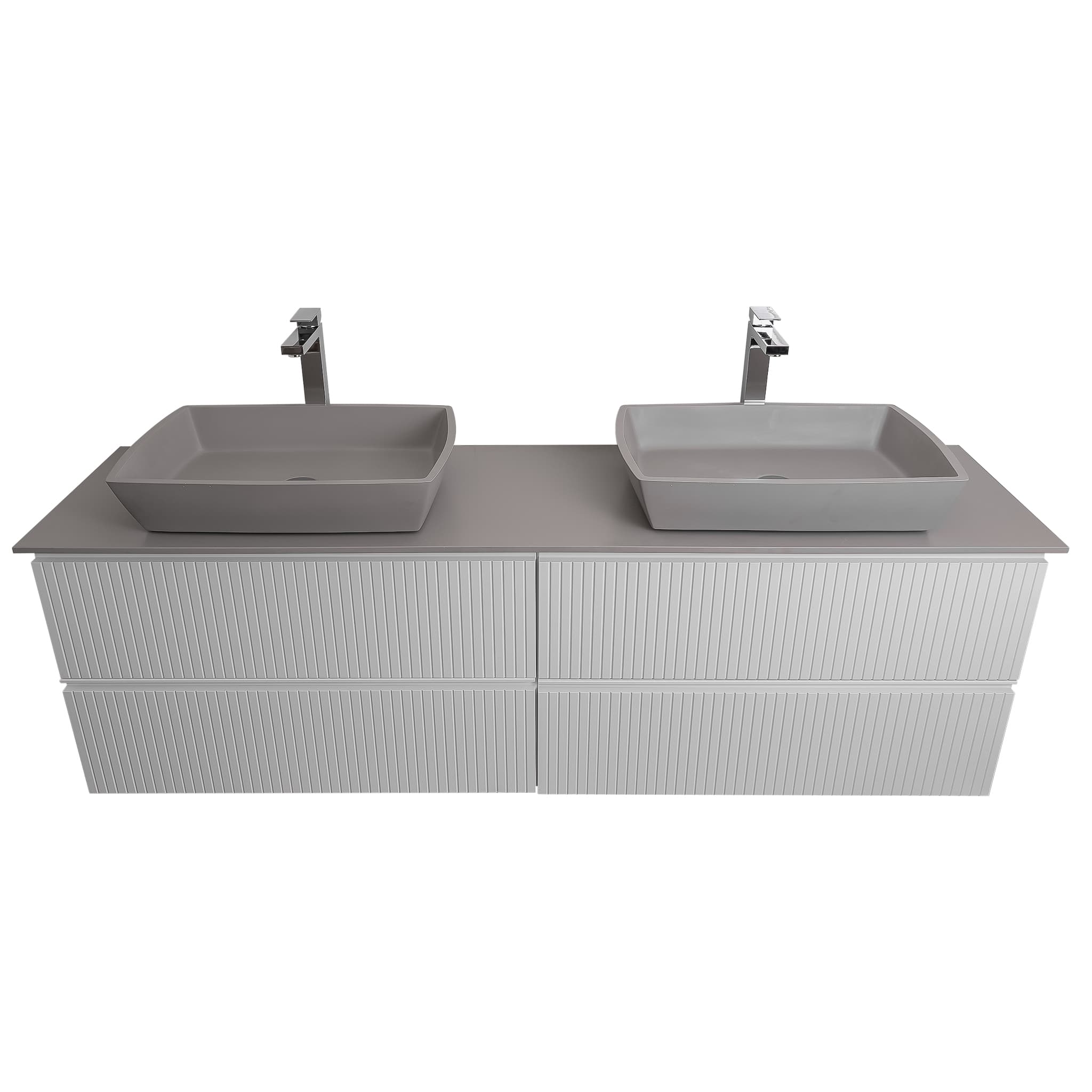 Ares 72 White Matte Cabinet, Solid Surface Flat Grey Counter And Two Square Solid Surface Grey Basin 1316, Wall Mounted Modern Vanity Set